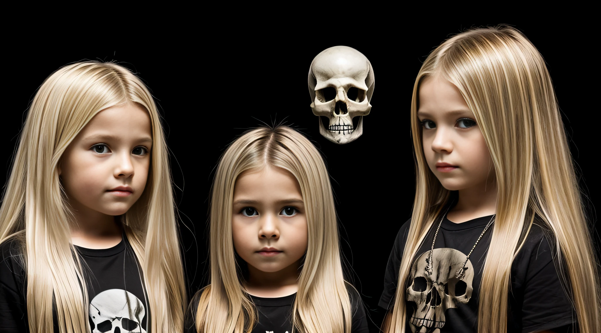 cabelo longo loiro infantil, there are three skulls E on a black surface,