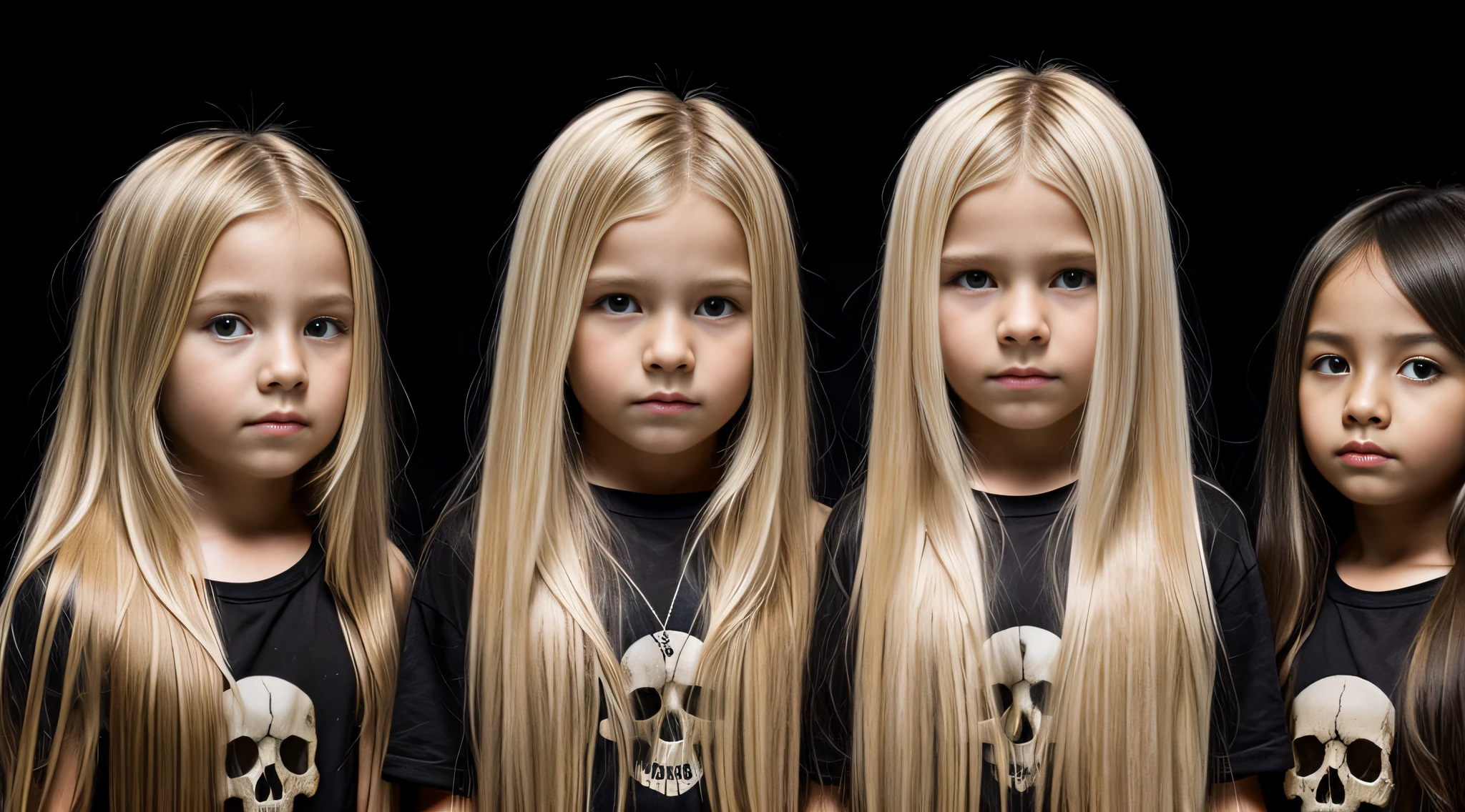 cabelo longo loiro infantil, there are three skulls E on a black surface,