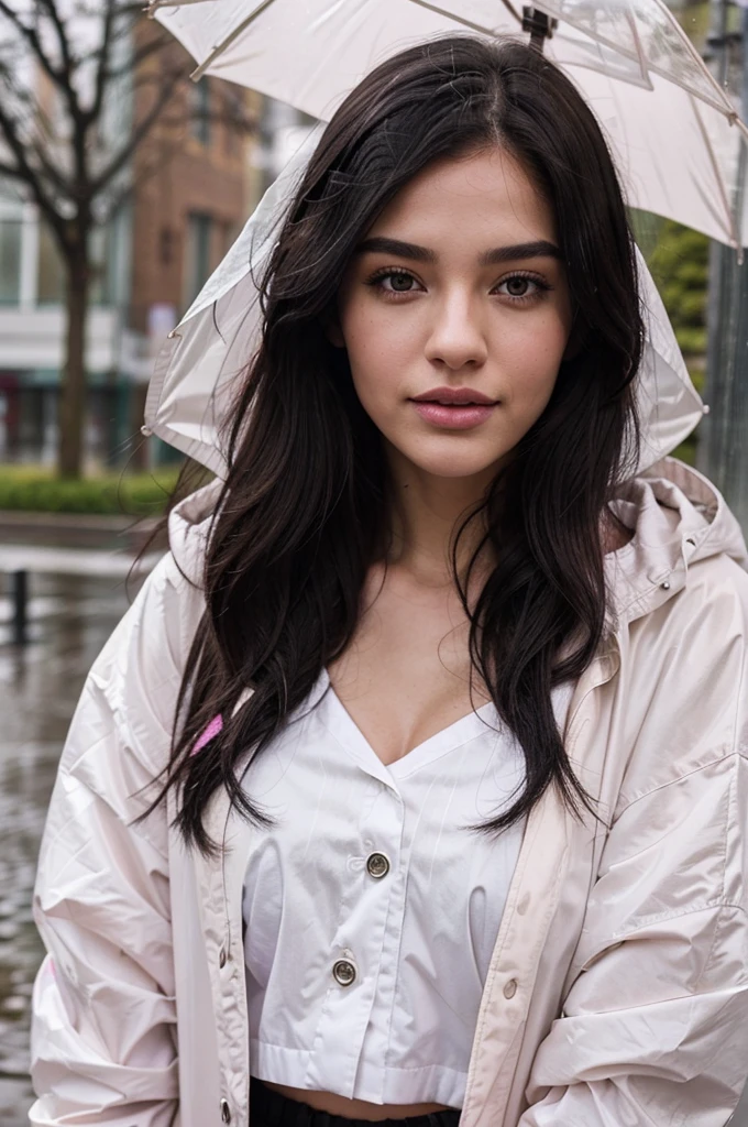 a canadian instagram model, wearing raincoat, outside in a rainy day, black hairs, pink lips, realistic photography