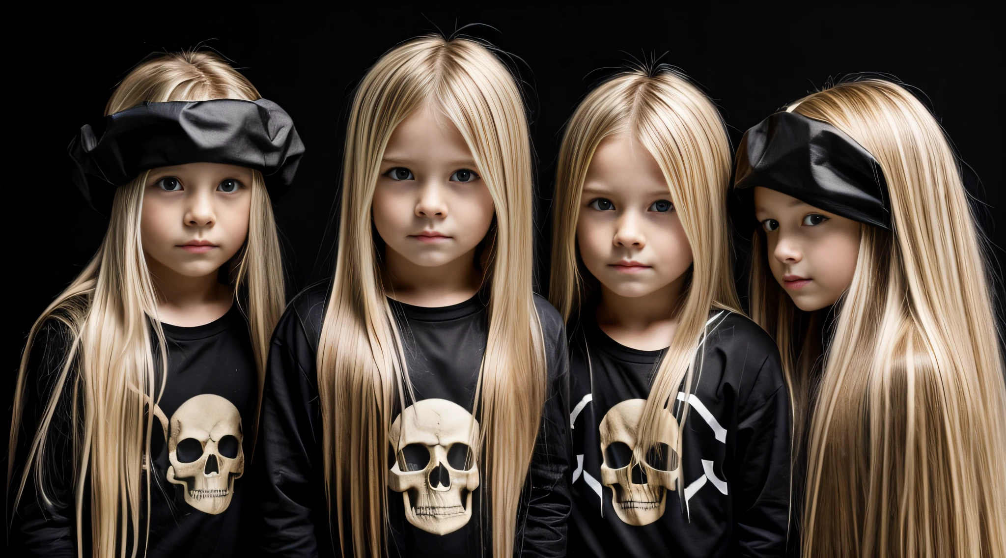 cabelo longo loiro infantil, there are three skulls on a black surface,