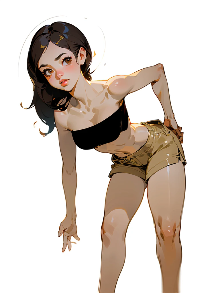 (girl,topless,beautiful detailed eyes,beautiful detailed lips,somewhat fit body,slightly curving torso forwards,waving hand,short wavy black hair,dark brown eyes,brown light shorts,slightly curving forward) [braided hair] [tattooed arm] [tanned skin], (portrait,photography,half body shot,mysterious atmosphere,studio lighting,high resolution), (vivid colors,contrasting shadows,soft focus), (best quality,high-detailed,photo-realistic,masterpiece:1.2), (bokeh effect,shallow depth of field), (slightly sunny,orangish warm tone), (subtle backlight,illuminating the silhouette), Sense of perspective,olhar sensual