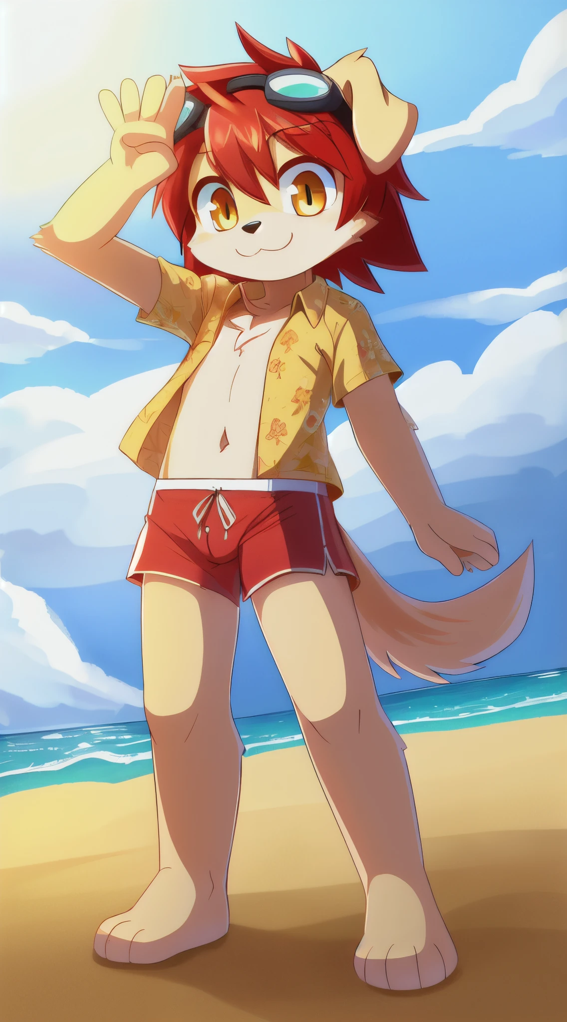Furry shota, young, dog, yellow eyes, clear red hair, spiky hairstyle, two tone body fur, beige body fur, white body fur, floppy dog ears, dog tail, detailed body fur, detailed body, detailed face, detailed eyes, glistering body, shiny body, masterpiece, high quality, gorgeous body, goggles, ((yellow hawaiian shirt with flower pattern, red swim trunks)), :3, beach, clear sky, full body, feets whit three toes, standing, peace sign, smilling theeth,