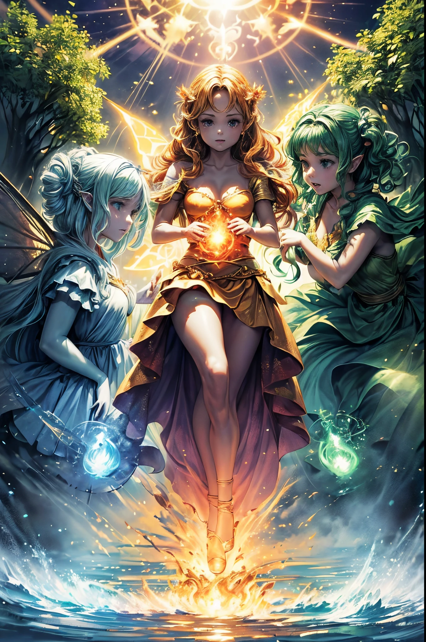 (((4 meninas))), (((obra-prima))), ((melhor qualidade)), (super detalhe), cinematiclight, four fairies that represent the 4 material elements of the world being fire water wind and earth