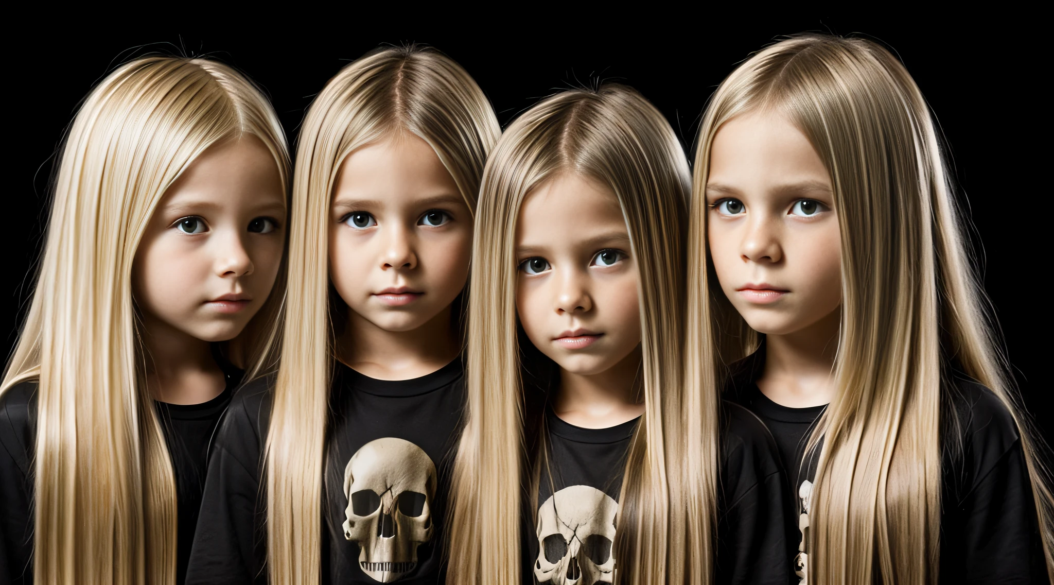 cabelo longo loiro infantil, there are three skulls on a black surface,