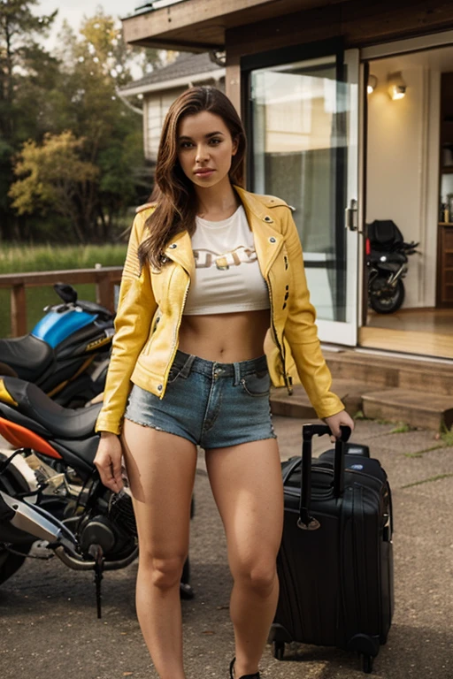 Make a woman with big breast, yellow leather riders' jacket, with open zipper, t-shirts, with face, body, Lakeside house, travel bag, dog, and motorbike behind here