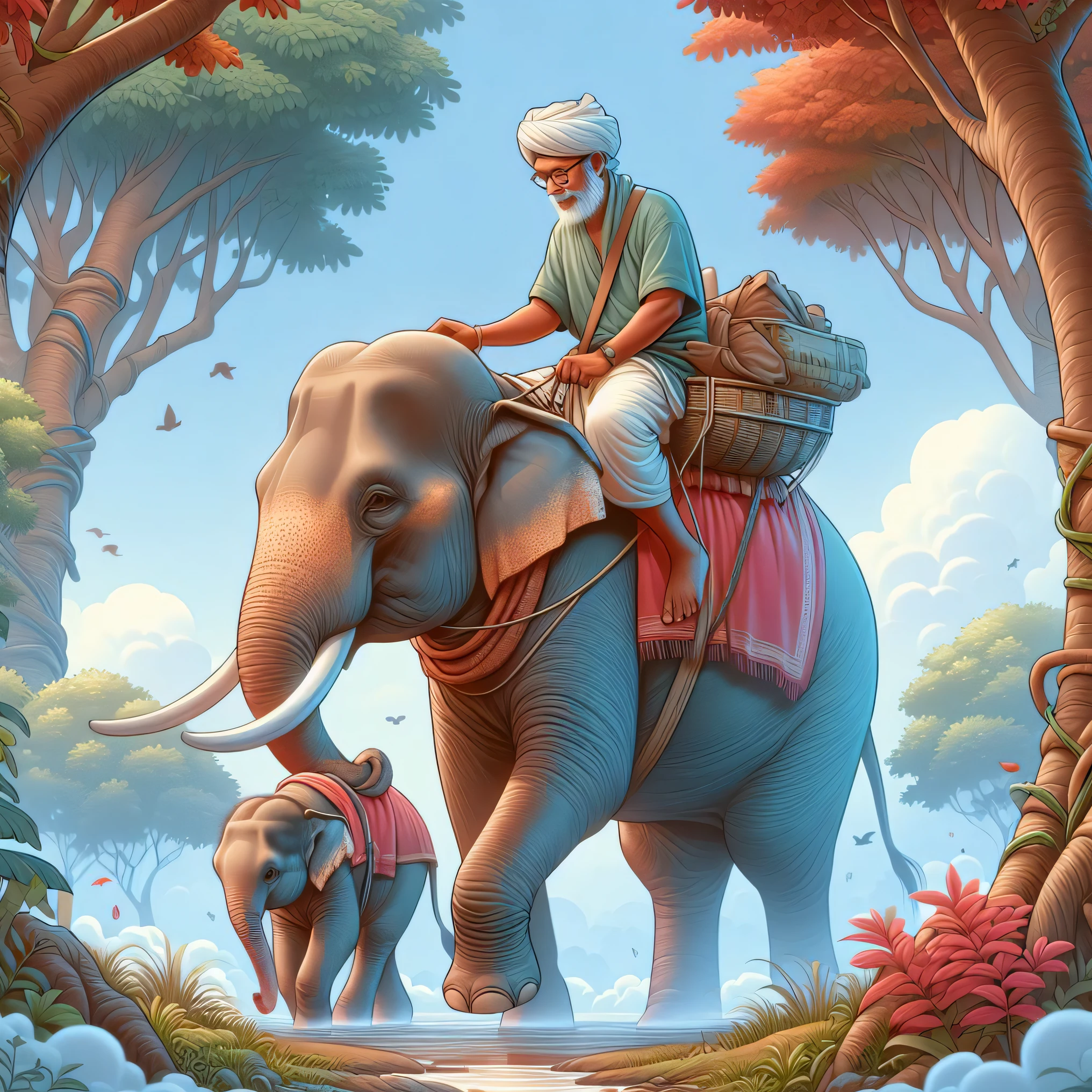there  a man riding an elephant with two elephants, a beautiful artwork illustration, epic full color illustration, by Max Dauthendey, full color illustration, by Jason Benjamin, by Saurabh Jethani, by Matt Stewart, by Kerembeyit, very detailed digital painting, by Brian Thomas, cyril rolando and m.w kaluta