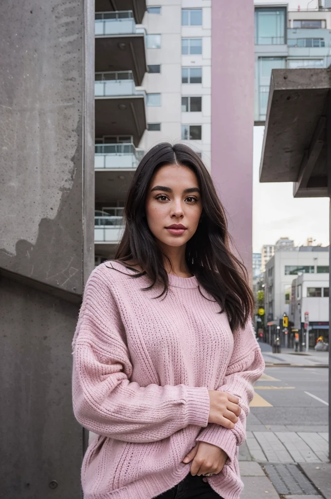 a canadian instagram model, wearing A chic, ethically-sourced, oversized sweater in a bold color or with an interesting texture to make it stand out, posed leaning against a modern art sculpture or a sleek urban structure in Vancouver, like a part of the city's skyline or a notable building, black hairs, pink lips, realistic photography