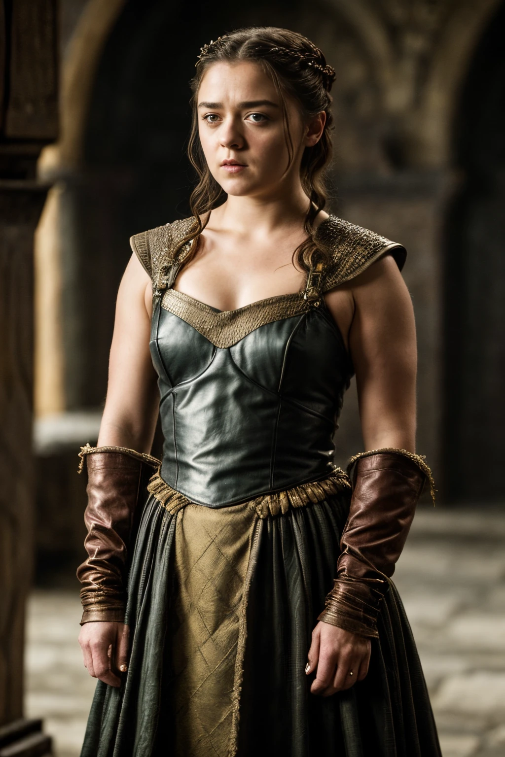 Foto RAW, Arya Stark, Extremely gorgeous lady, Arya Stark PLAYED BY MAISIE WILLIAMS, Queen Arya Stark, she a mature woman now, milf, sexy mediaeval battle dress, gladiator woman, body, 40 years old Woman, body revealing costumes, perky breast, big natural breast, erotic costumes, lusty physique, seductive figure can capture every people's attention, Game of thrones costumes, revealing captivating figure, Mediaeval costumes, revealing clothes, A tomboy, she would rather fence than dance, warrior queen , game of thrones screen caps, Game of Thrones Series, (pele altamente detalhada: 1.2), 8k UHD, DSLR, soft-lighting, alta qualidade, grain of film, Fujifilm XT3, flawless picture, highly detailed, detailed Beauty, intricate, 32k, sharp picture,