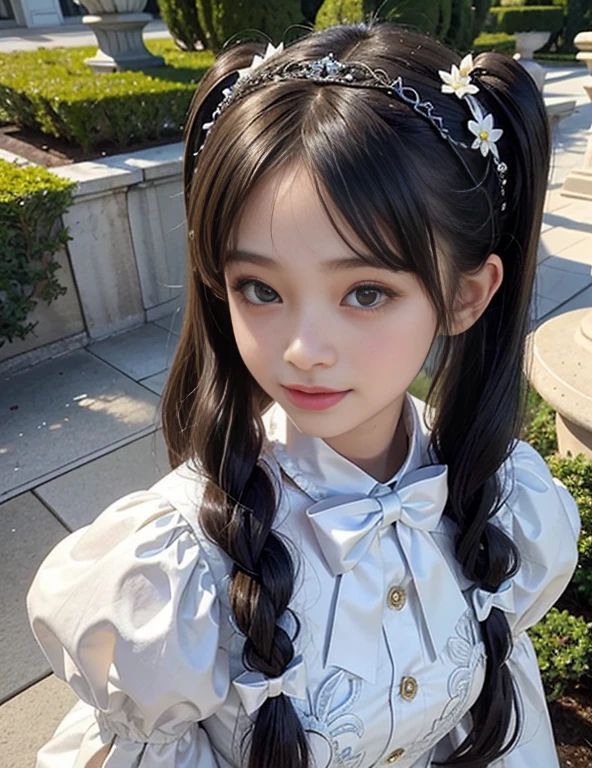 Marble garden,1little girl,lily,twintails,brunette color hair,By bangs,Long white embroidered dress,Blue bow,9-year-old female model,Princess,crown,Smile,