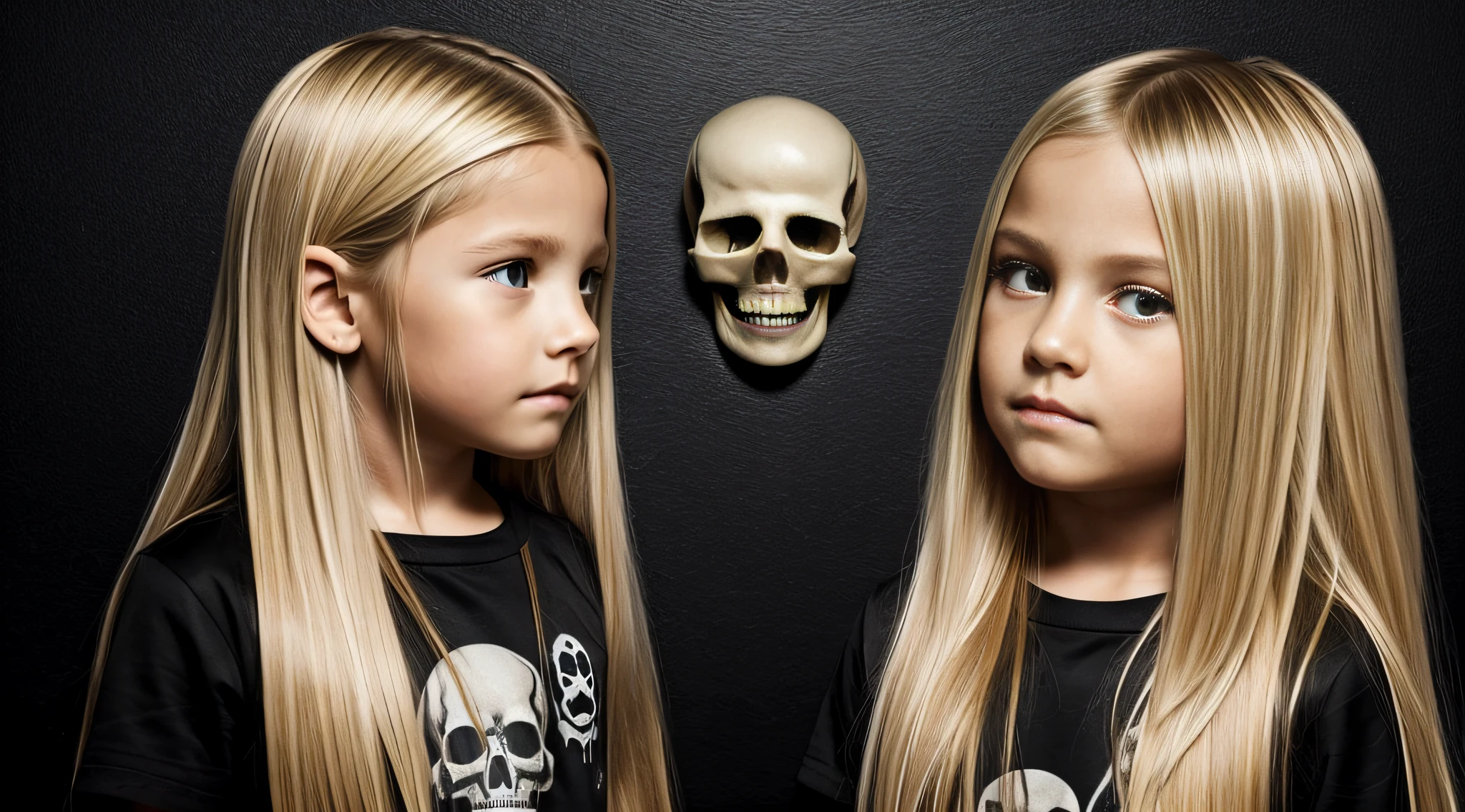 cabelo longo loiro infantil, there are three skulls and scissors on a black surface,