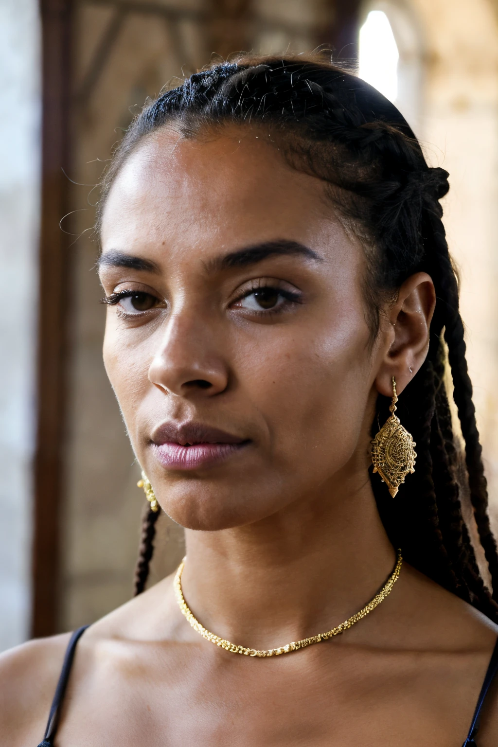 Close-up portrait of a 26-year-old dark-skinned Blasian medieval fantasy noblewoman, ojos almendrados, Hermosos ojos color avellana, Pelo muy largo, Trenzas y rastas holandesas, Mirada intensa y feroz, Firm expression, athletic, imponente, Rich fantasy traditional North African noble clothing, In a fantasy palace in North Africa, (Contre-Jour), realista, Obra maestra, highest qualityr, Destello de lente, sombra, florecer, chromatic abberation, por Jeremy Lipking, por Antonio J. Manzanedo, Pintura digital