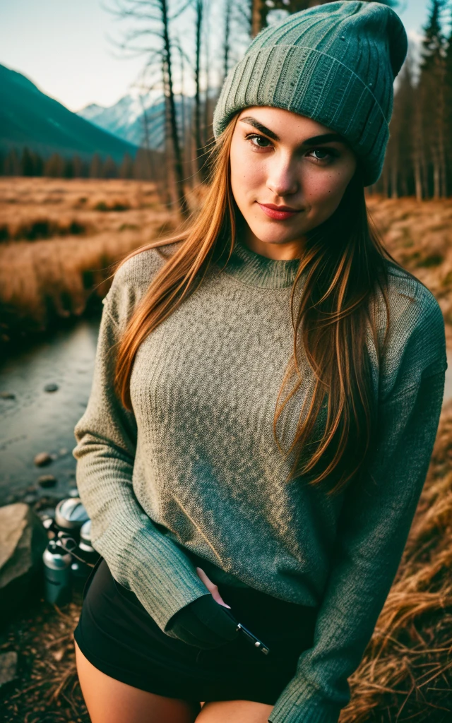 Sasha Grey ((upper body selfie, happy)), masterpiece, best quality, ultra-detailed, solo, outdoors, (night), mountains, nature, (stars, moon) cheerful, happy, backpack, sleeping bag, camping stove, water bottle, mountain boots, gloves, sweater, hat, flashlight, forest, rocks, river, wood, smoke, shadows, contrast, clear sky, analog style (look at viewer:1.2) (skin texture) (film grain:1.3), (warm hue, warm tone:1.2), close up, cinematic light, sidelighting, ultra high res, best shadow, RAW, upper body, wearing pullover