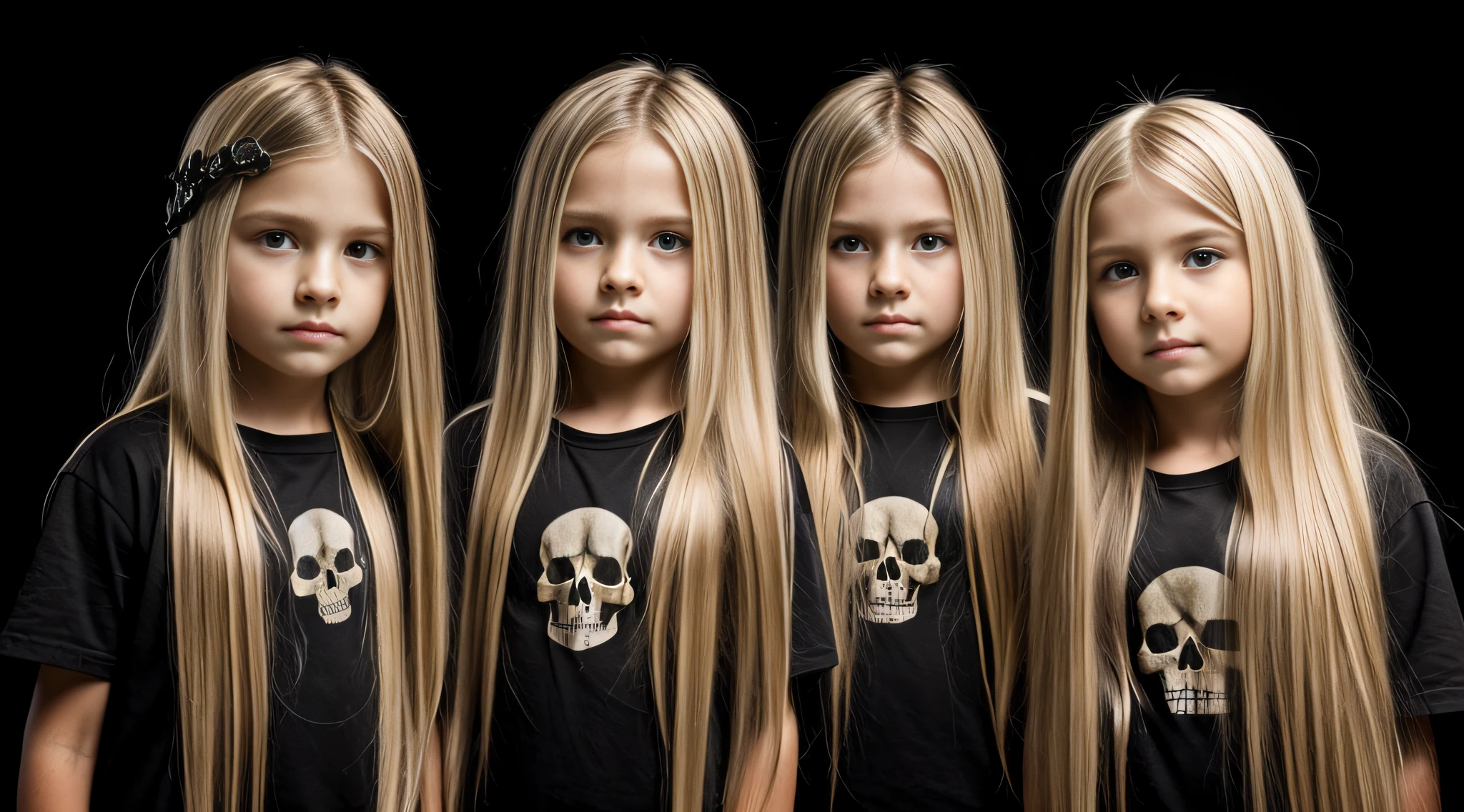 cabelo longo loiro infantil, there are three skulls E on a black surface,