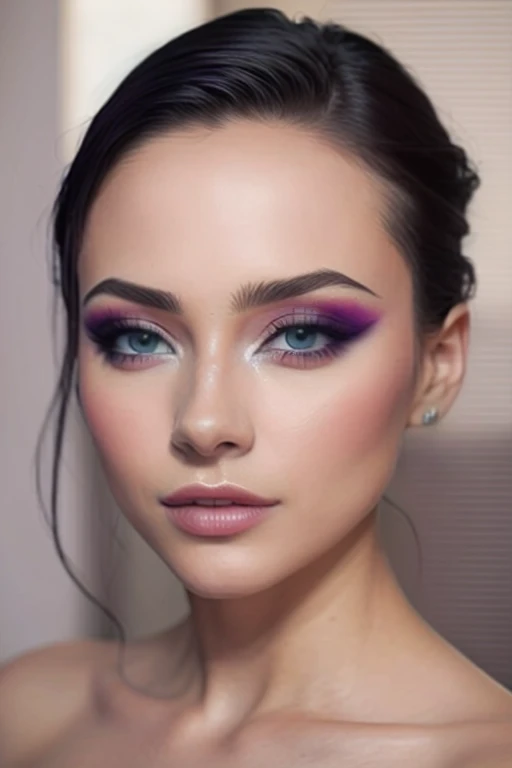 Un primer plano de una mujer con un maquillaje de ojos morado, Cara sexy con maquillaje completo, maquillaje de noche, Retrato de primer plano de cara completa, maquillaje estilizado en la cara, con maquillaje profesional, usar maquillaje profesional, Hermoso maquillaje, Retrato suave disparado 8K, Mujer de belleza con caras detalladas, maquillaje profesional, maquillaje grueso y elegante, Dramatic lighting on the face, Maquillaje detallado en los ojos