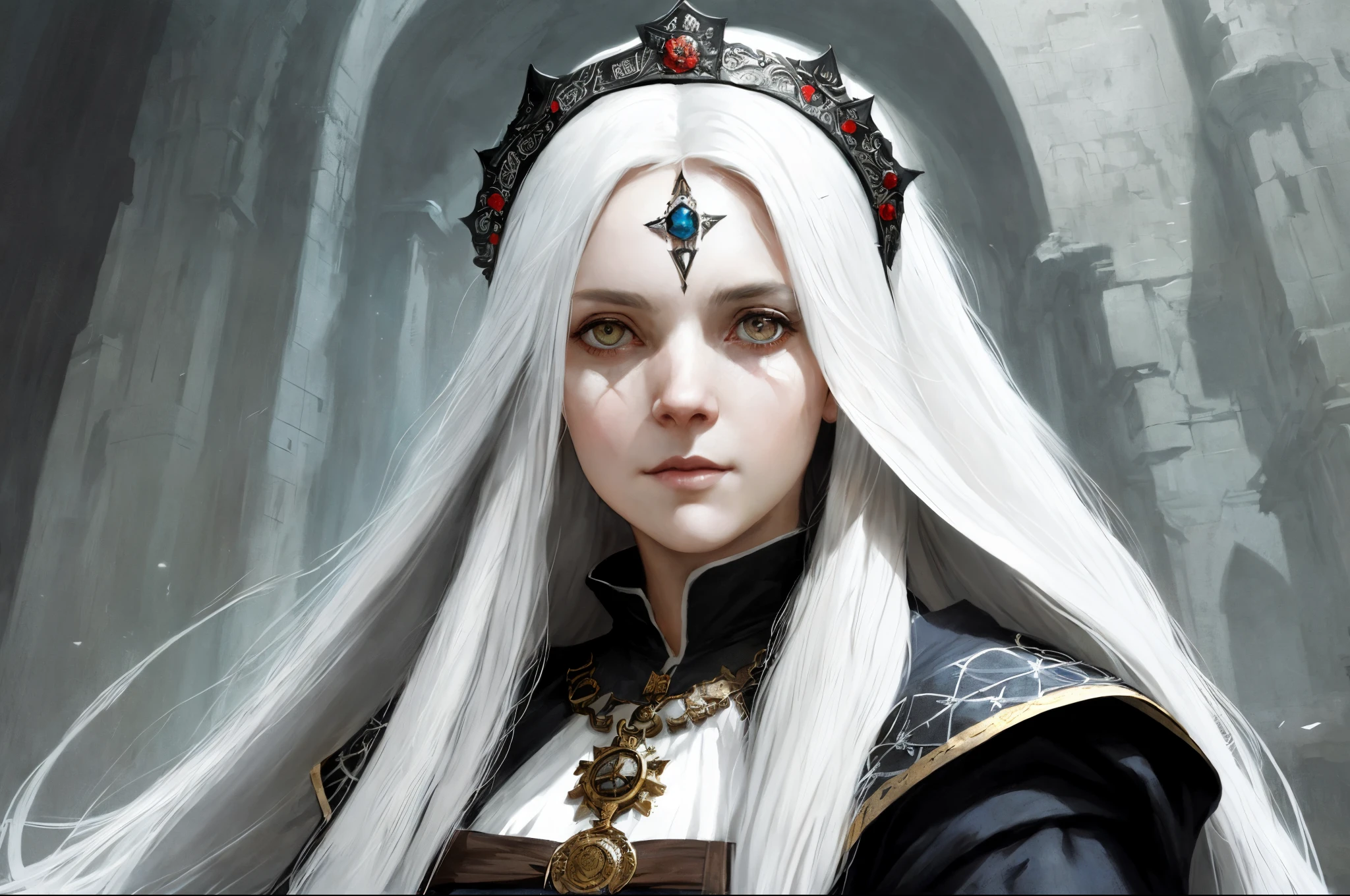 (full portrait of a medieval woman with a sash on her face and with long white hair and sorceress clothes), (innocent feature)(scar), ((good detailed eyes)) ultra detailed face, rpg concept art, greg rutkowski art, ruan jia art, Ilya kuvshinov art, darker environment, darker, character sheet, ultra detailed, Ultra Quality