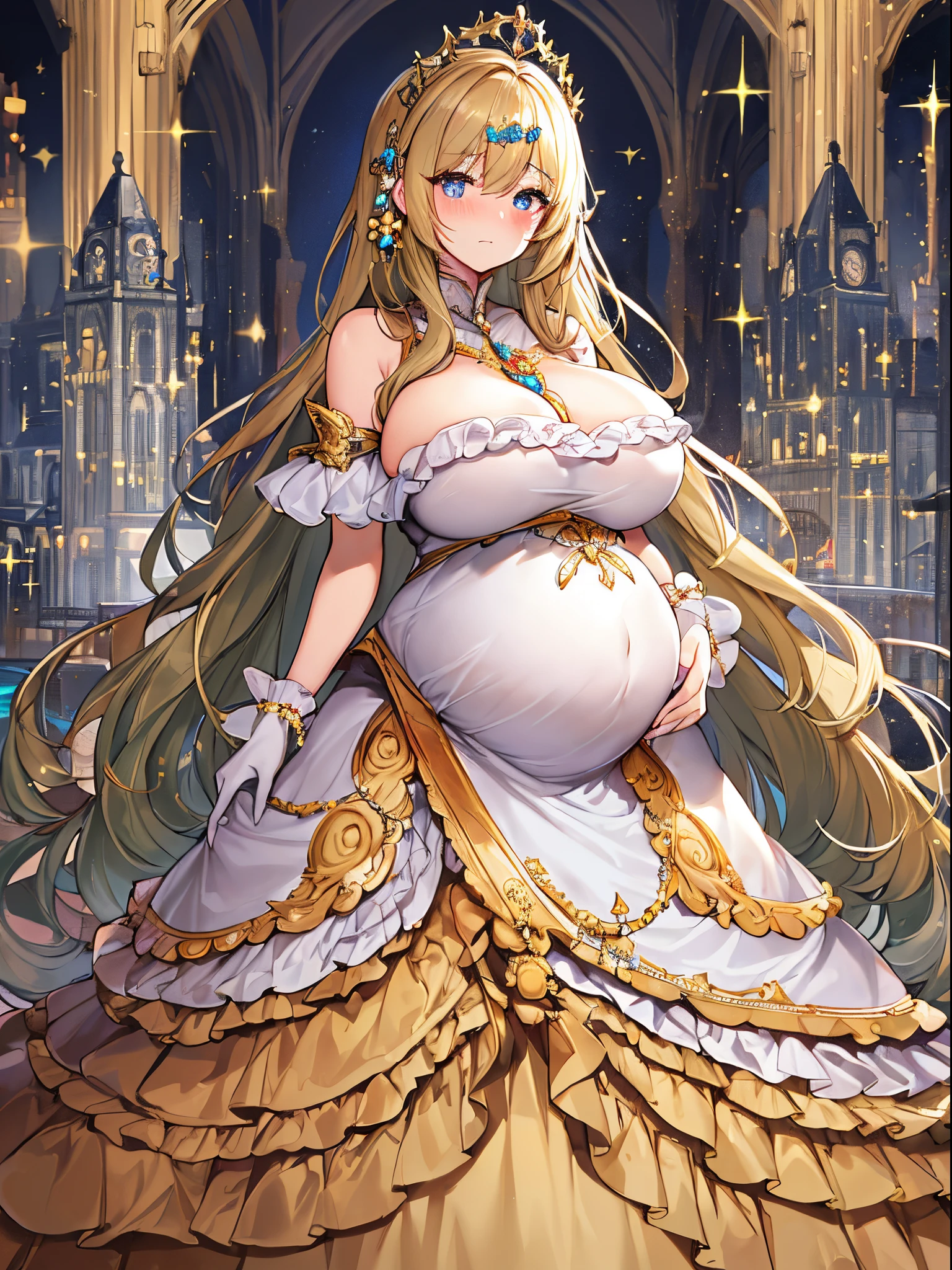 ultra-detailed, extremely detailed,((anime artstyle)),Masterpiece,(Best Quality),(Super Detail),(Very Delicate and Beautiful),((Solo)),((full body)),full body,((detailed face and eyes)),perfect eyes, rendered eyes,jewel-like beautiful eyes,((embarrassed,blush)),((1 pregnant princess in beautiful embroidery and jeweled gorgeous rococo ballgown with voluminous full length hoop skirt)),(((heavily pregnant))),((Crinoline,luxurious ruffles)),beautiful embroidery and jeweled gorgeous rococo ballgown with voluminous full length hoop skirt,(large amount of straight hair,extremely voluminous Very Long straight Hair,Absolutely Long Straight Hair),((((very gigantic boobs)))),skindentation,Bursting breasts,cleavage,(fantasy castle,luxury palace),long_gloves,extremely gorgeousfull jeweled hair ornament,(bling-bling extremely gorgeousfull jeweled tiara),(luxurious jewelry),full body,beautiful embroidery and jeweled gorgeous rococo princess ballgown with voluminous full length hoop skirt