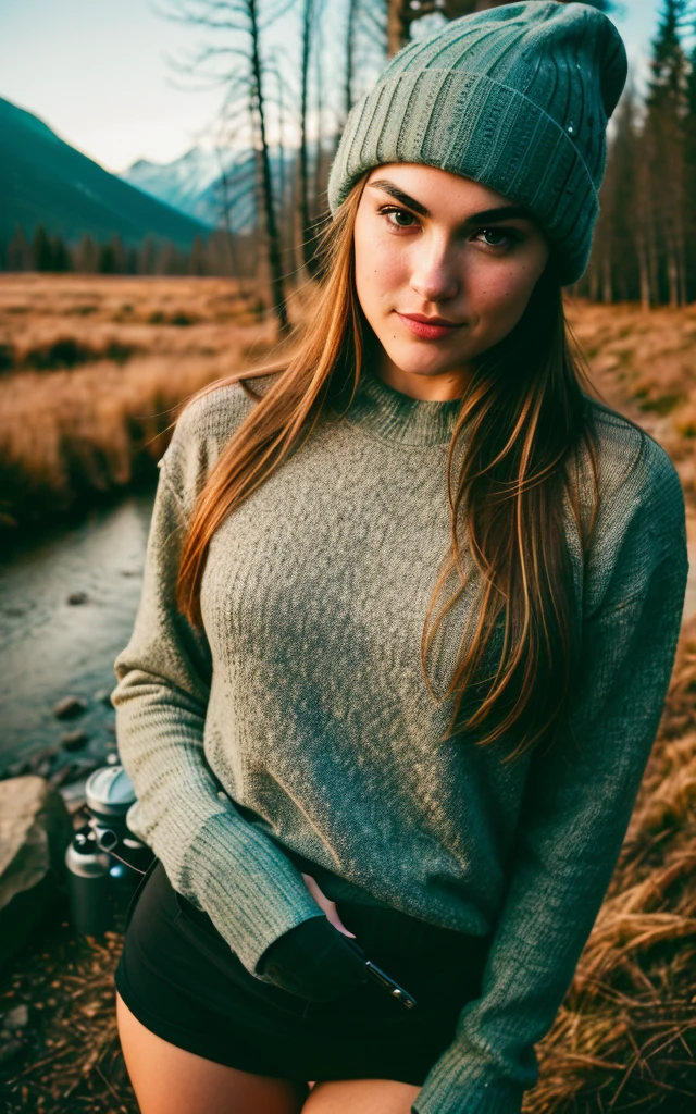 Sasha Grey ((upper body selfie, happy)), masterpiece, best quality, ultra-detailed, solo, outdoors, (night), mountains, nature, (stars, moon) cheerful, happy, backpack, sleeping bag, camping stove, water bottle, mountain boots, gloves, sweater, hat, flashlight, forest, rocks, river, wood, smoke, shadows, contrast, clear sky, analog style (look at viewer:1.2) (skin texture) (film grain:1.3), (warm hue, warm tone:1.2), close up, cinematic light, sidelighting, ultra high res, best shadow, RAW, upper body, wearing pullover