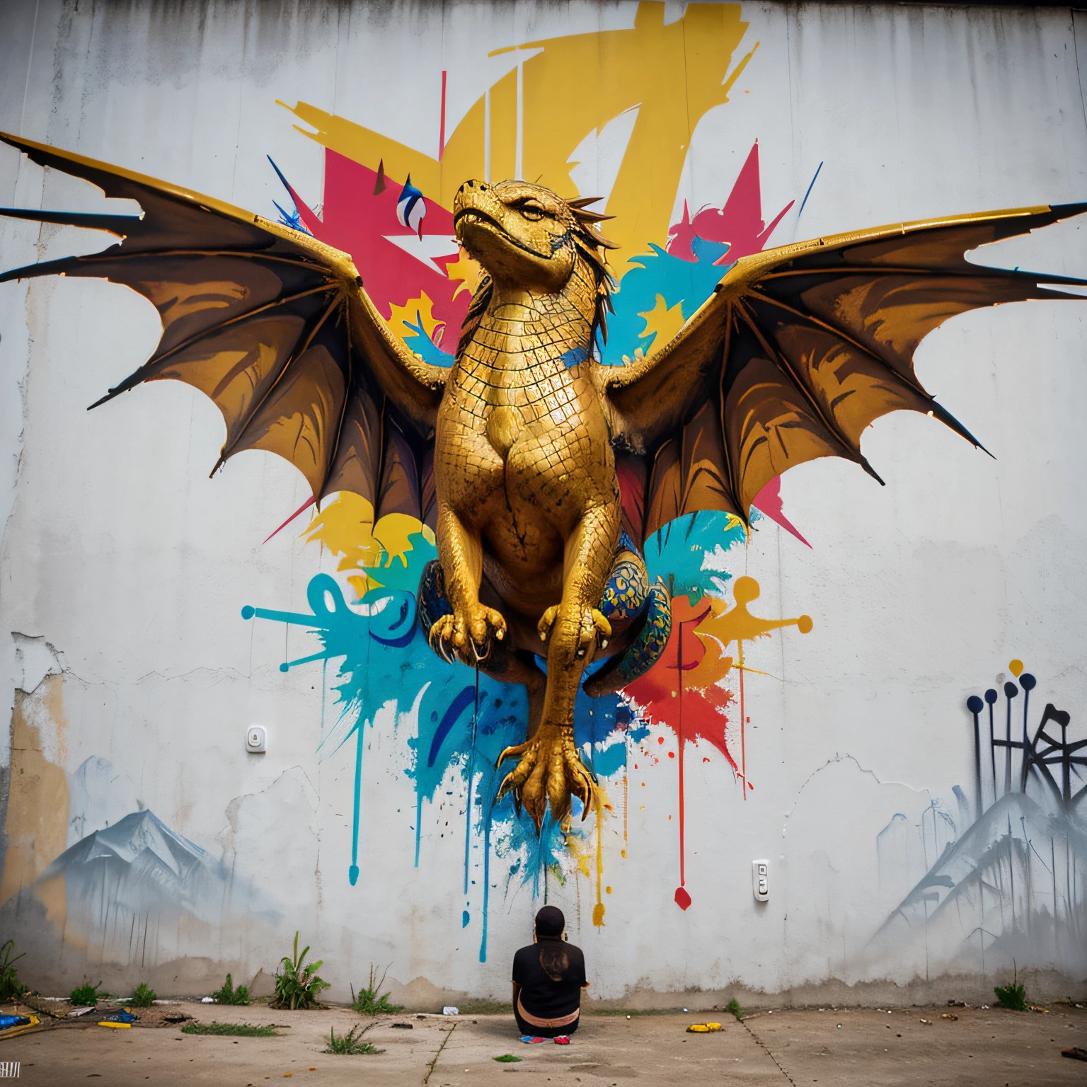 imagen de mural grafiteado con el color principal dorado, necesito que tenga estilo trap y si es posible que sean dragones volando