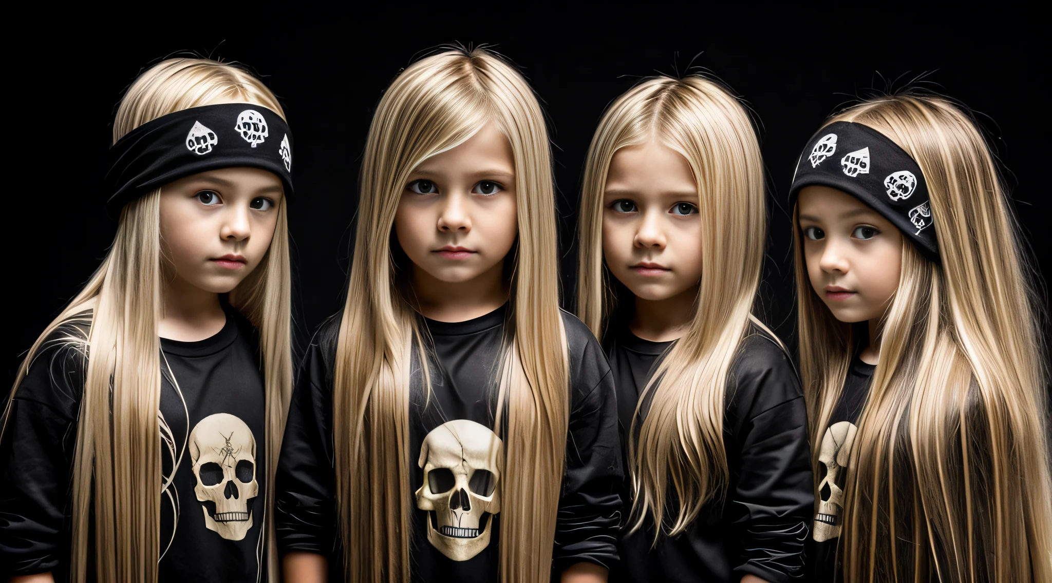 cabelo longo loiro infantil, there are three skulls E on a black surface,