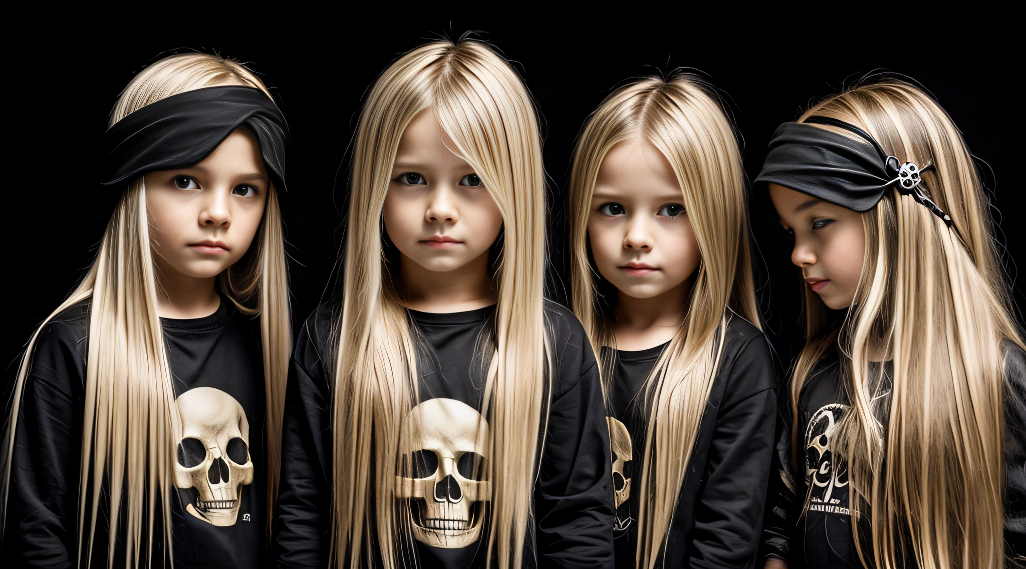 cabelo longo loiro infantil, there are three skulls E on a black surface,