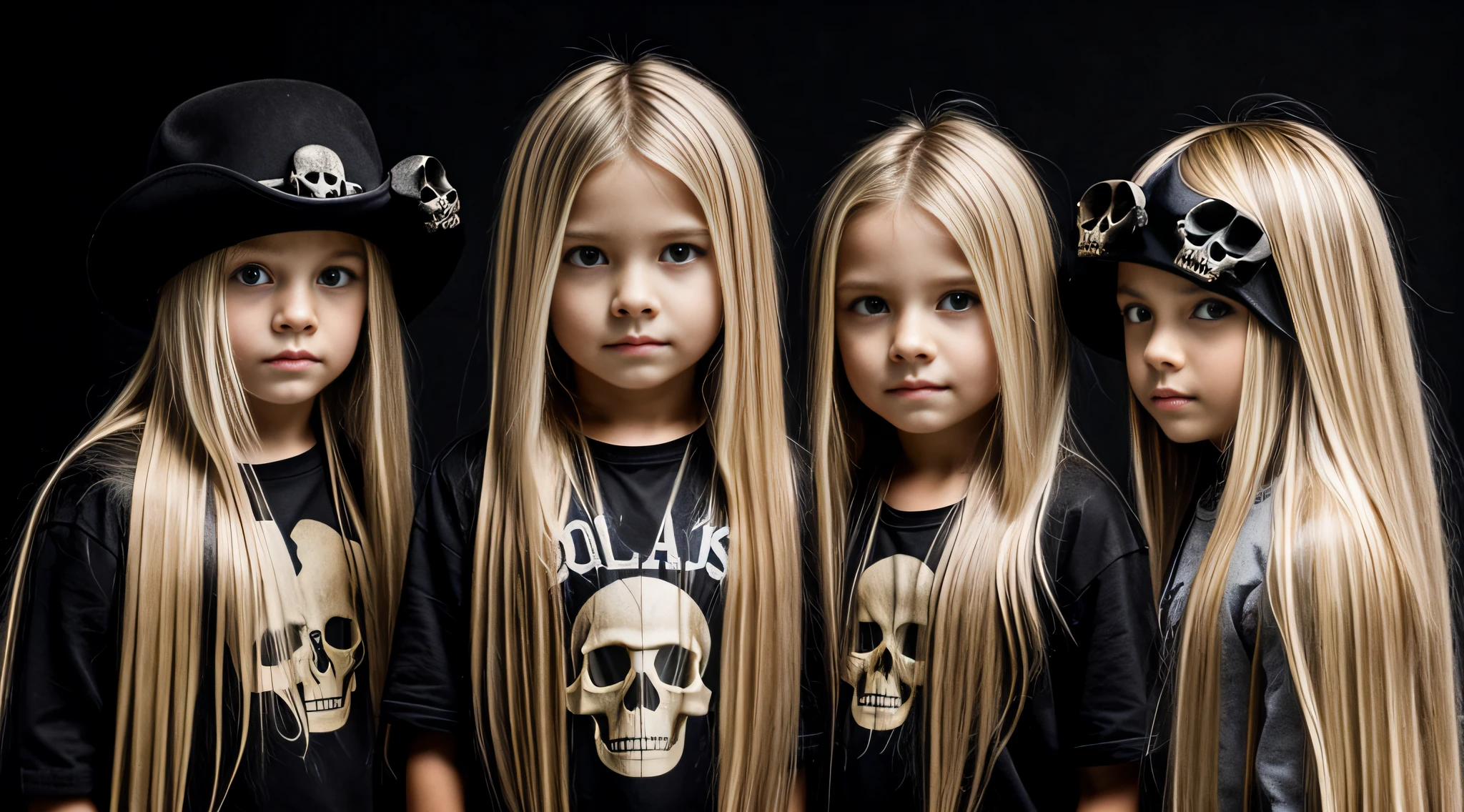 cabelo longo loiro infantil, there are three skulls E on a black surface,