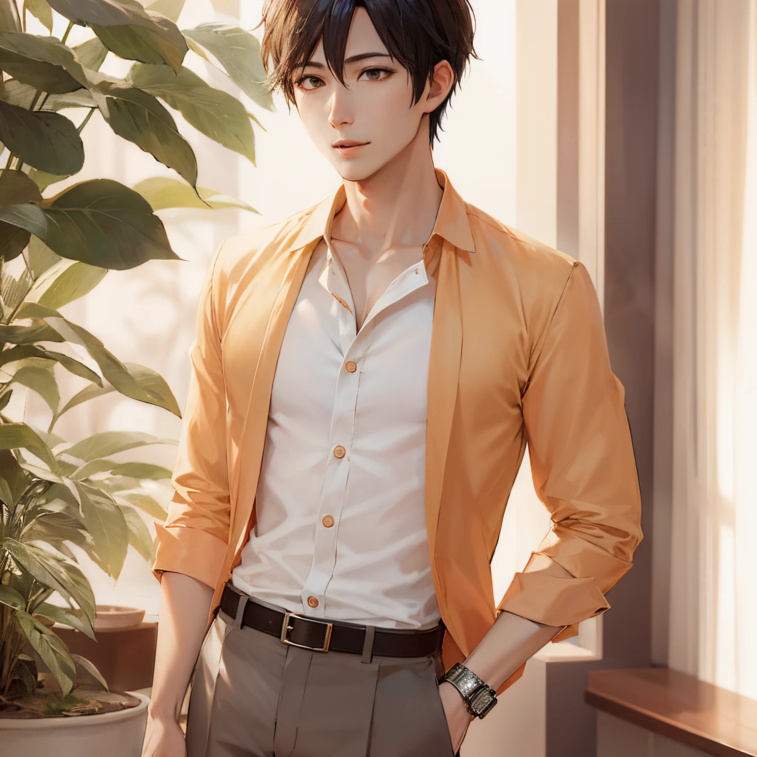 here is a man standing in a room with a plant, handsome anime pose, Anime handsome. peach jacket, peach colour,, smooth anime cg art, makoto sinkai. digital render, anime portrait of a handsome man, realistic anime style, Male anime character, Kentaro Miura Art, realistic art style, Young anime man, Men's Anime Style, realistic anime 3 d style