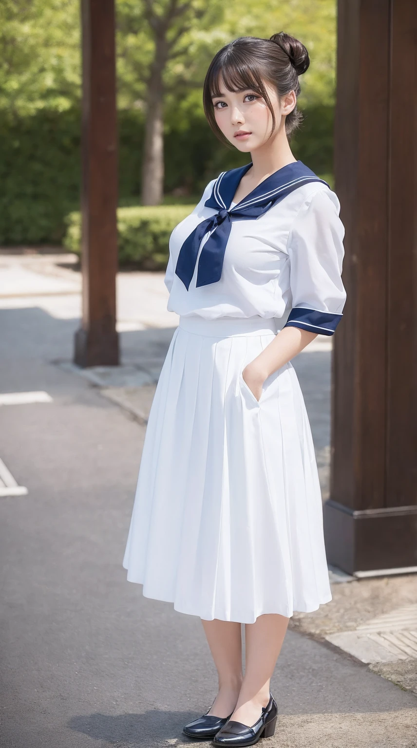(Masterpiece,High Quality:1.3),(depth of field:1.3) ,((front body:1.35)), Japanese ,woman,chignon, sailor uniform, long skirt,huge breasts,voluptuous,(looking at viewer:1.3), (full body shot:1.2),