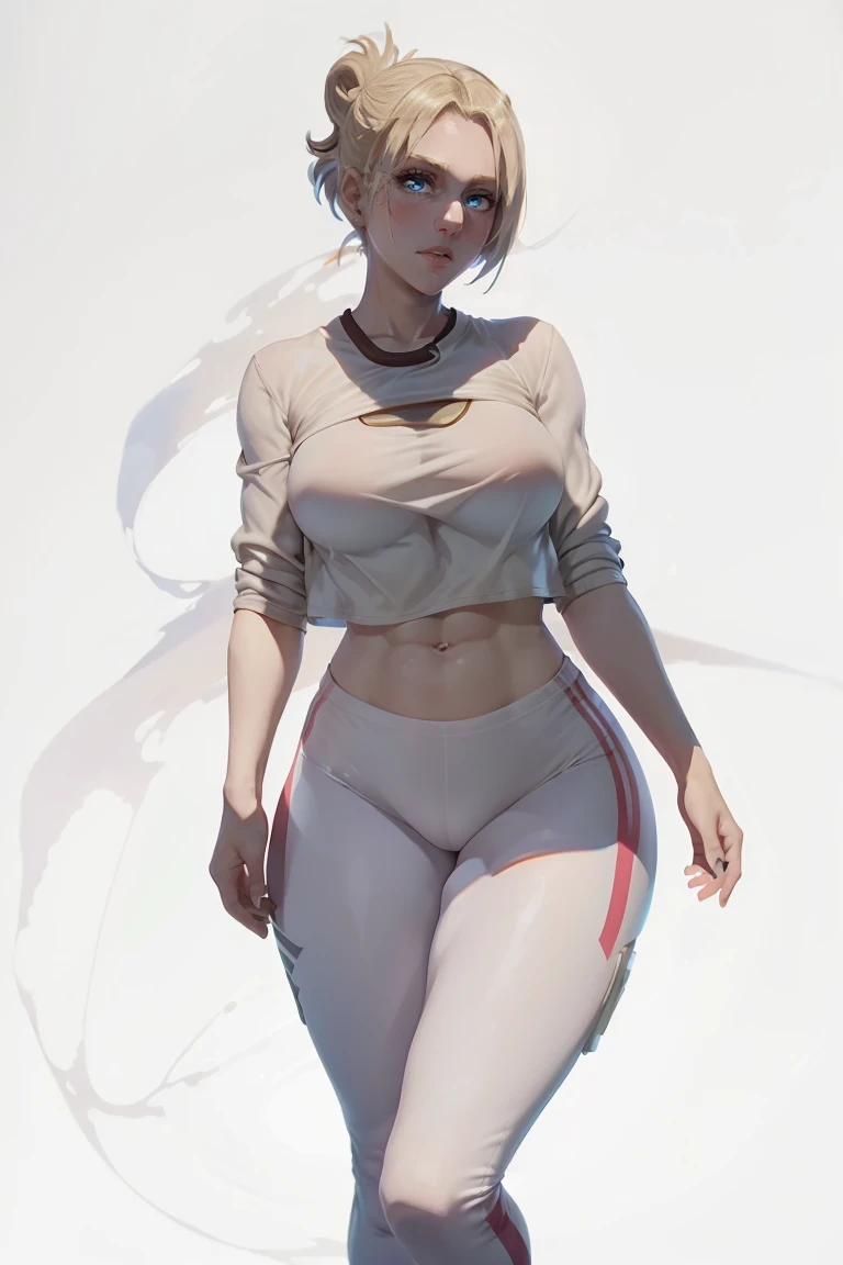 (master piece: 1.1), (annie_leonhardt), 1girl, solo, mature, (gym clothes), top tank, legging pants, slimbody, beautiful abs, (detailed blue eyes), standing, embarassed, detailed eyes, big thick legs, detailed face, full body, detailed body on clothes, blonde hair, ponytail, (( white background)),