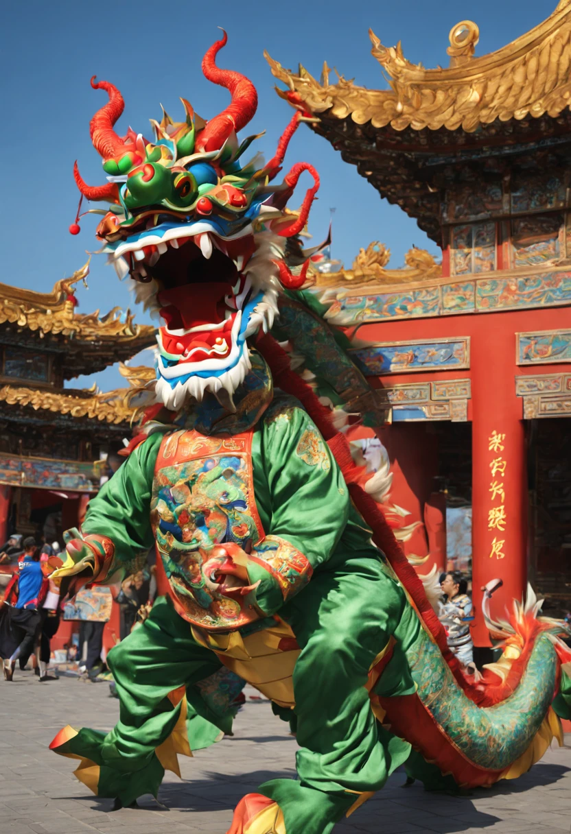 Dancing chinese dragon with a funny hat greets the people
