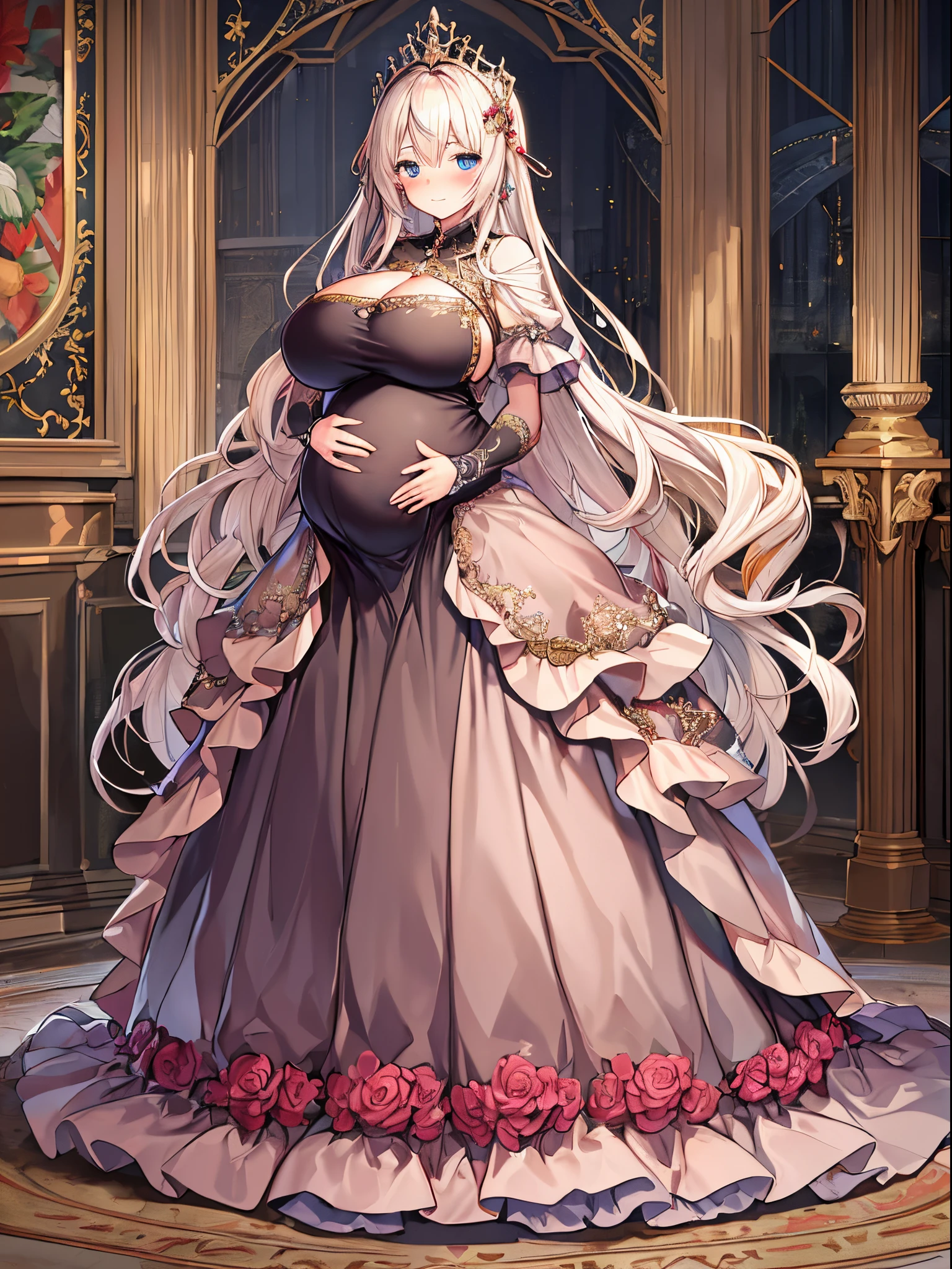 ultra-detailed, extremely detailed,((anime artstyle)),Masterpiece,(Best Quality),(Super Detail),(Very Delicate and Beautiful),((Solo)),((full body)),full body,((detailed face and eyes)),perfect eyes, rendered eyes,jewel-like beautiful eyes,((embarrassed,blush)),((1 pregnant princess in beautiful embroidery and jeweled gorgeous rococo ballgown with voluminous full length hoop skirt)),(((heavily pregnant))),((Crinoline,luxurious ruffles)),beautiful embroidery and jeweled gorgeous rococo ballgown with voluminous full length hoop skirt,(large amount of straight hair,extremely voluminous Very Long straight Hair,Absolutely Long Straight Hair),((((very gigantic boobs)))),skindentation,Bursting breasts,cleavage,(fantasy castle,luxury palace),long_gloves,extremely gorgeousfull jeweled hair ornament,(bling-bling extremely gorgeousfull jeweled tiara),(luxurious jewelry),full body,beautiful embroidery and jeweled gorgeous rococo princess ballgown with voluminous full length hoop skirt