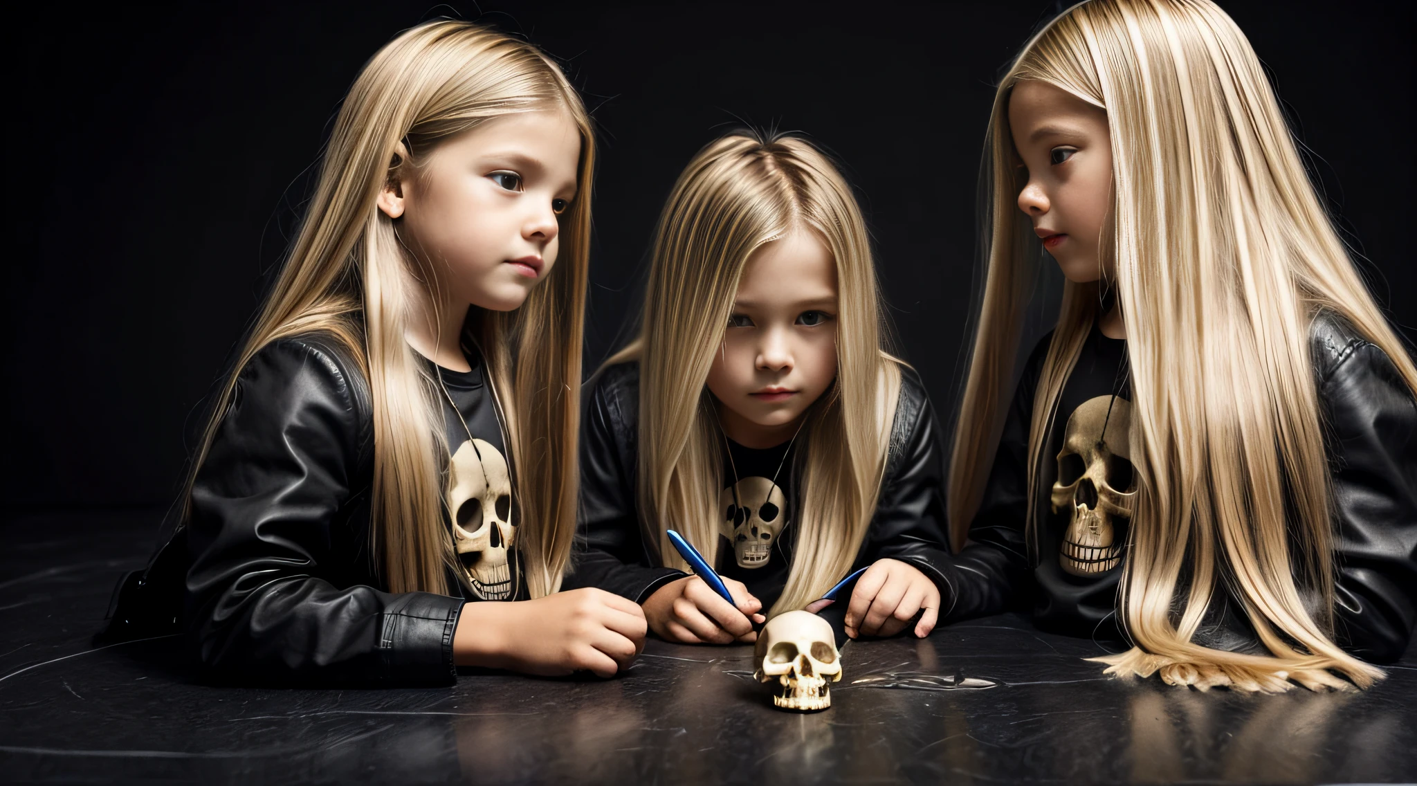 cabelo longo loiro infantil, there are three skulls E on a black surface,