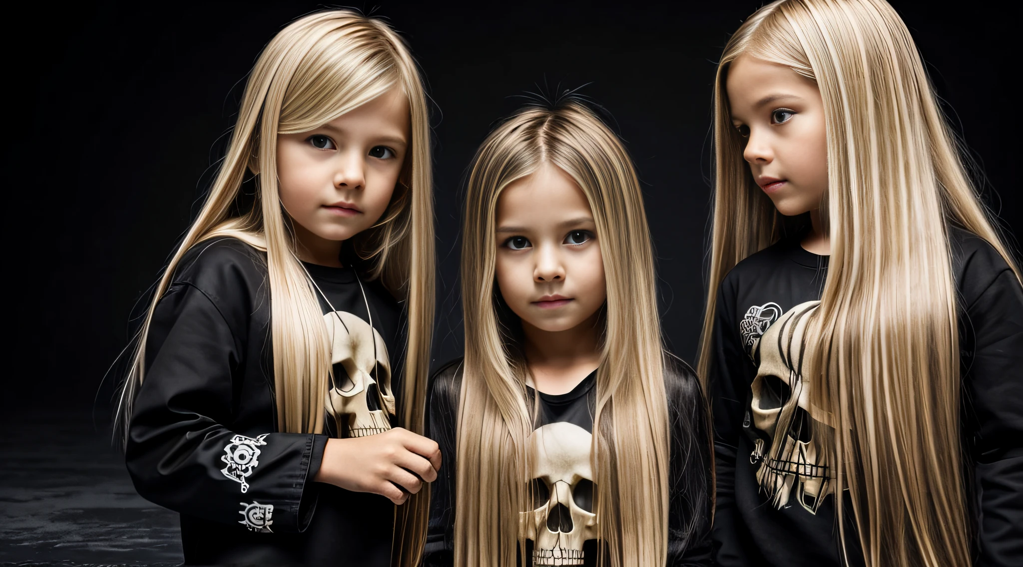 cabelo longo loiro infantil, there are three skulls E on a black surface,