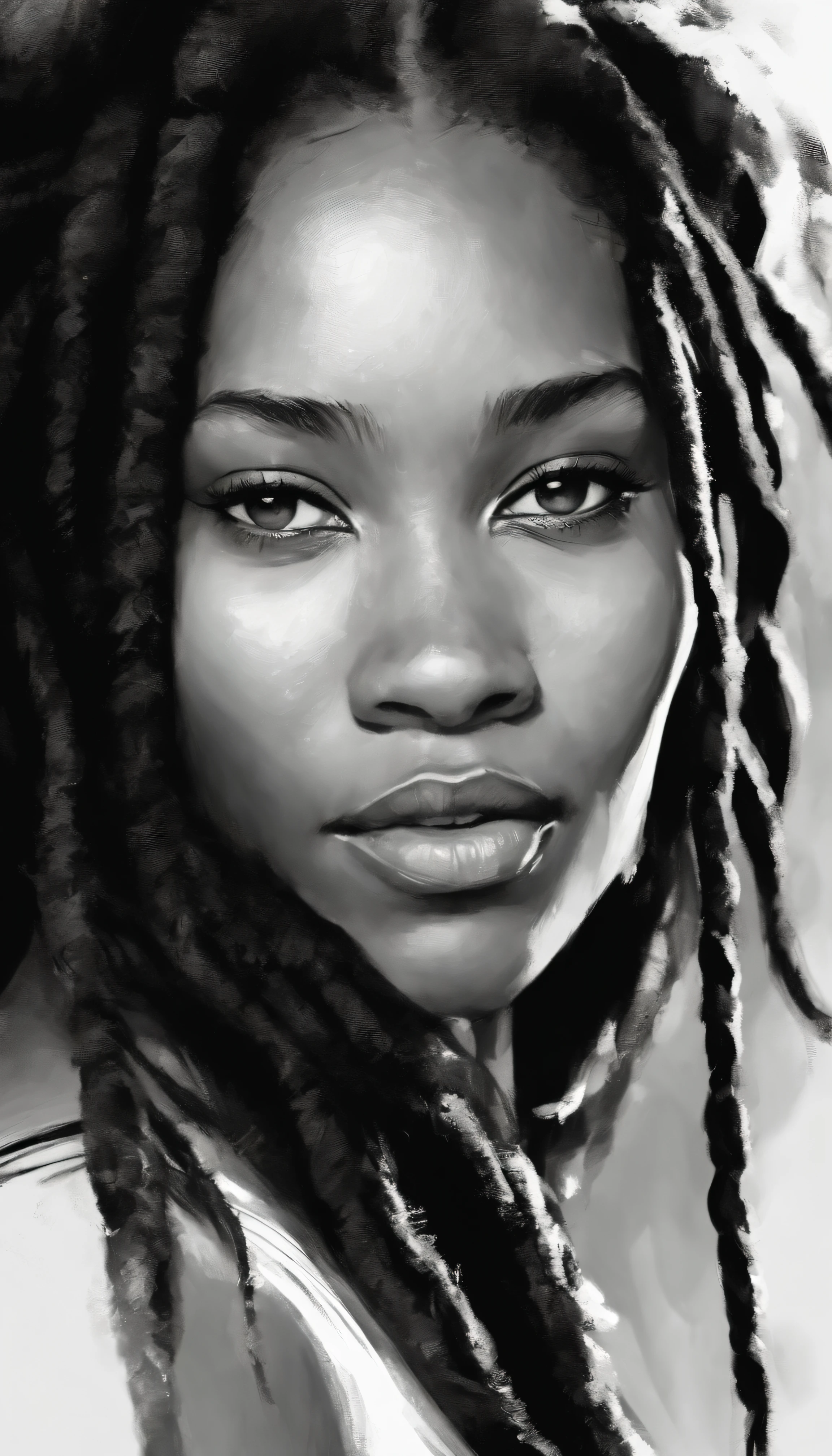 uma imagem de uma mulher negra com dreadlocks , No estilo de Russ Mills, Michael Garmash, charming sketches, mono-ha, Contemporary Asian art, Lilia Alvarado, Pincelada concisa --AR 69:128 --s 750 --V 5. 2, nuances nas cores do reggae