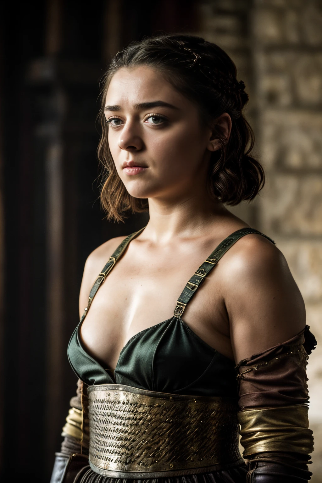 Foto RAW, Arya Stark, Extremely gorgeous lady, Arya Stark PLAYED BY MAISIE WILLIAMS, Queen Arya Stark, she  a mature woman now, milf, sexy mediaeval battle dress, gladiator woman, body, 40 years old Woman, body revealing costumes, perky breast, big natural breast, erotic costumes, lusty physique, seductive figure can capture every people's attention, Game of thrones costumes, revealing captivating figure, Mediaeval costumes, revealing clothes, A tomboy, she would rather fence than dance, warrior queen , game of thrones screen caps, Game of Thrones Series, (pele altamente detalhada: 1.2), 8k UHD, DSLR, soft-lighting, alta qualidade, grain of film, Fujifilm XT3, flawless picture, highly detailed, detailed Beauty, intricate, 32k, sharp picture,