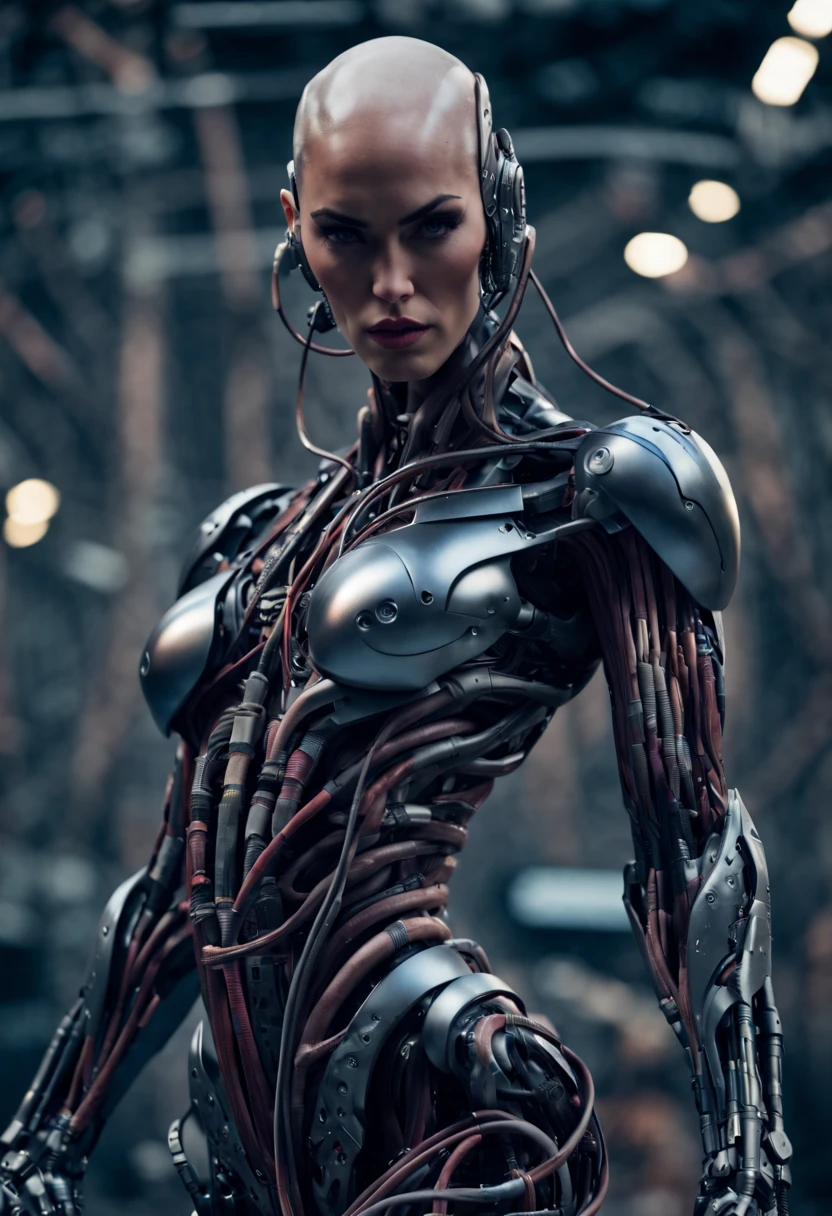 (beautiful borg queen:1.25), (full body pose), (metallic muscle armor:1.5), (no hair), (bald head covered in cables:1.5), (robotic mechanical physique:1.5), (super muscular cyborg:1.5), (covered in cables and mechanical muscles:1.5), (android muscular anatomy:1.5), (megan-fox:1.5), (perfect fingers:1.25),(8k, RAW photo, photorealistic:1.25), sci fi atmosphere, futuristic dystopia, alien landscape,