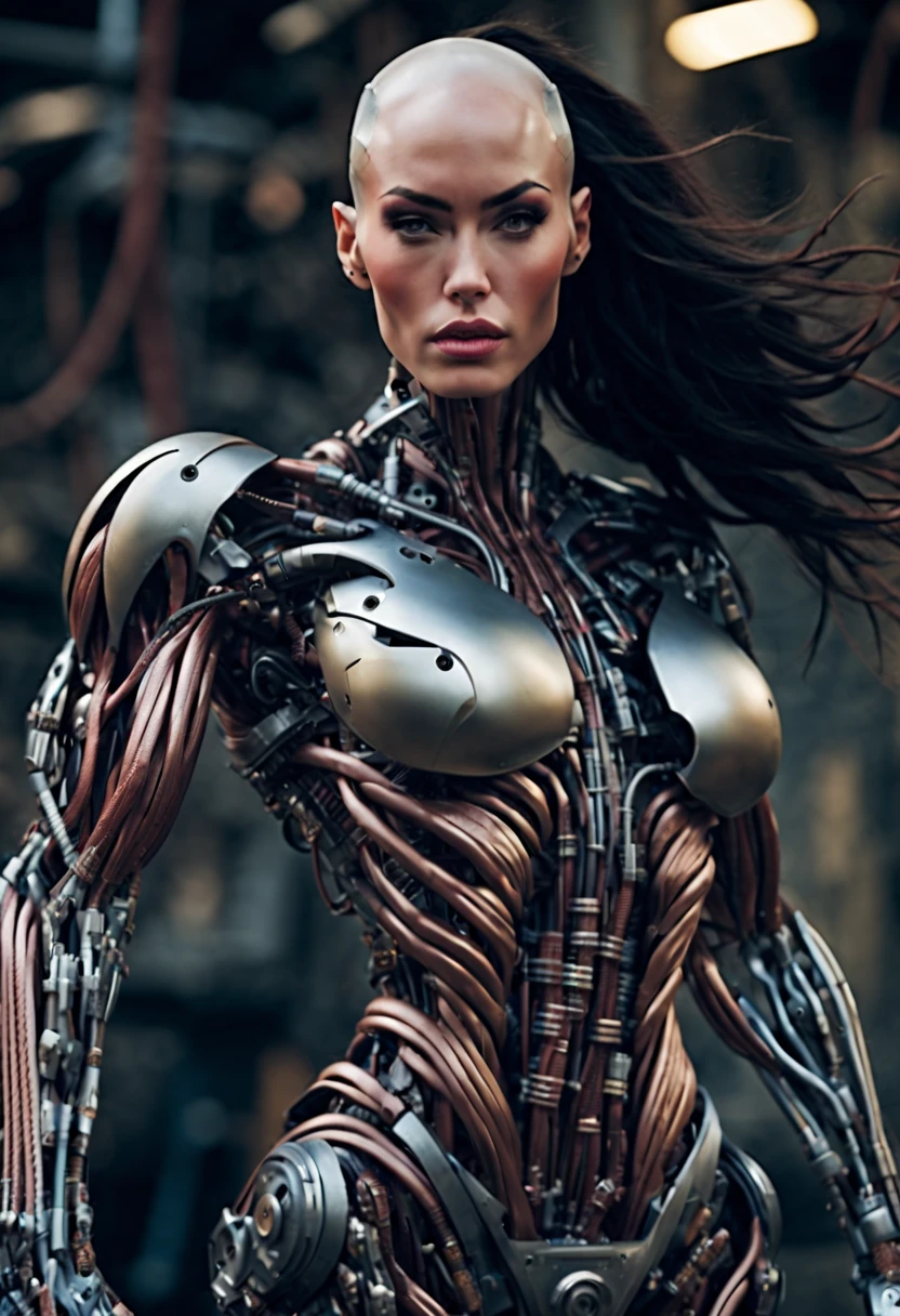 (beautiful borg queen:1.25), (full body pose), (metallic muscle armor:1.5), (no hair), (bald head covered in cables:1.5), (robotic mechanical physique:1.5), (super muscular cyborg:1.5), (covered in cables and mechanical muscles:1.5), (android muscular ???????:1.5), (megan-fox:1.5), (perfect fingers:1.25),(8k, RAW photo, photorealistic:1.25), sci fi atmosphere, futuristic dystopia, alien landscape,