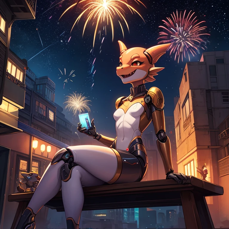female, anthro, kobold, metallic, android, kissing girl, robotic, robot, young. short, no clothes, happy, fireworks, festival, leaning back, curved thighs, sitting on bench, sitting in space ship courtyard, stars, ships flying, at night, no clothes, masterpiece, high quality, science fiction