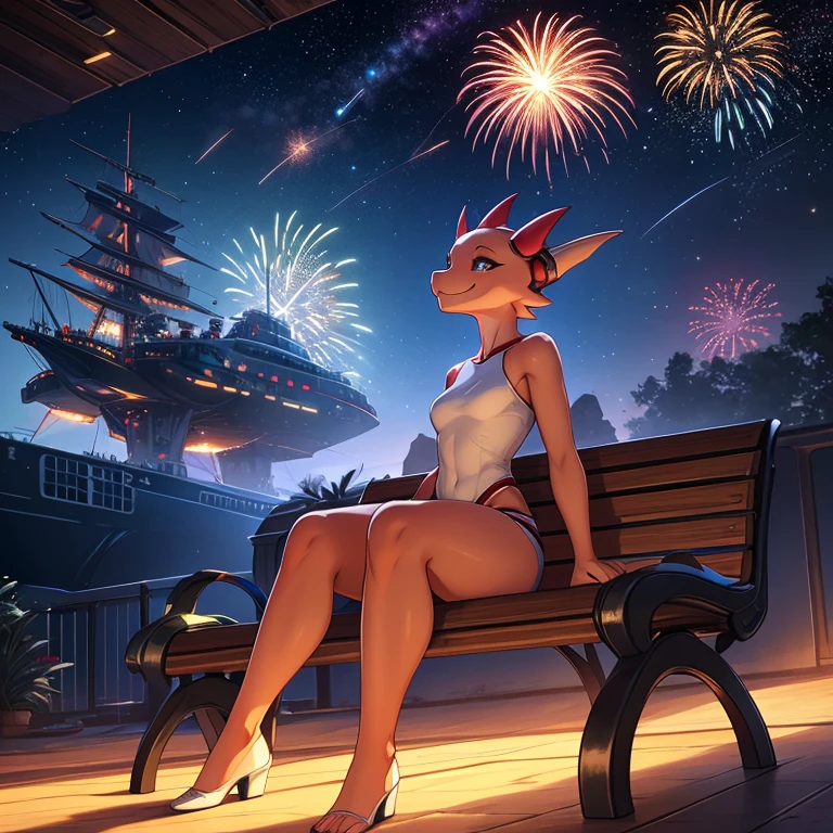 female, anthro, kobold, metallic, android, kissing girl, robotic, robot, young. short, no clothes, happy, fireworks, festival, leaning back, curved thighs, sitting on bench, sitting in space ship courtyard, stars, ships flying, at night, no clothes, masterpiece, high quality, science fiction