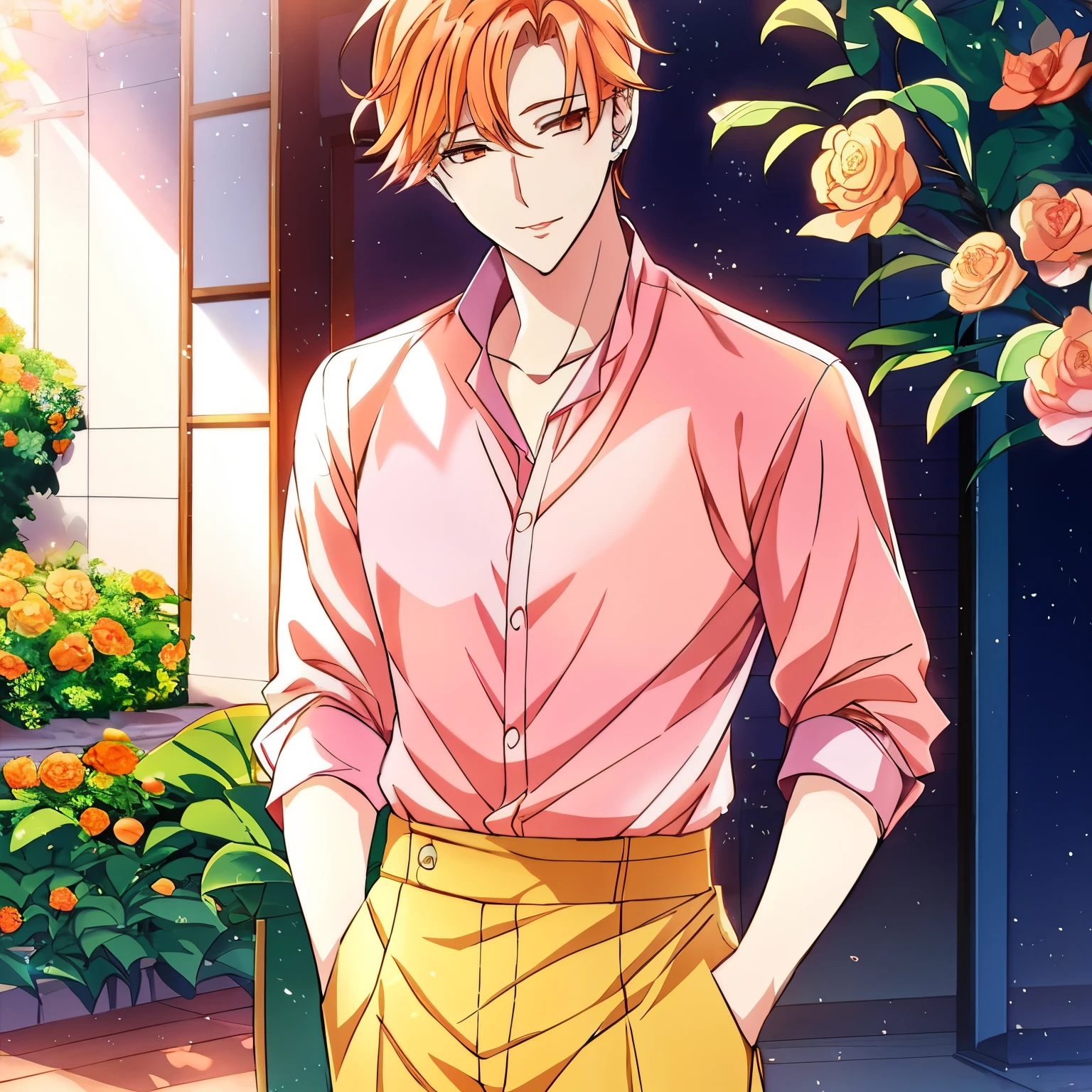 An anime man in a peach shirt and peach pants stands near flowers., handsome anime pose, delicate androgynous prince, a handsome, Stunning, Realistic, Anime boy with orange hair, smooth anime cg art, inspired by Bian Shoumin, Anime handsome, realistic art style, inspired by Yeong-Hao Han, beautiful androgynous prince, anime portrait of a handsome man