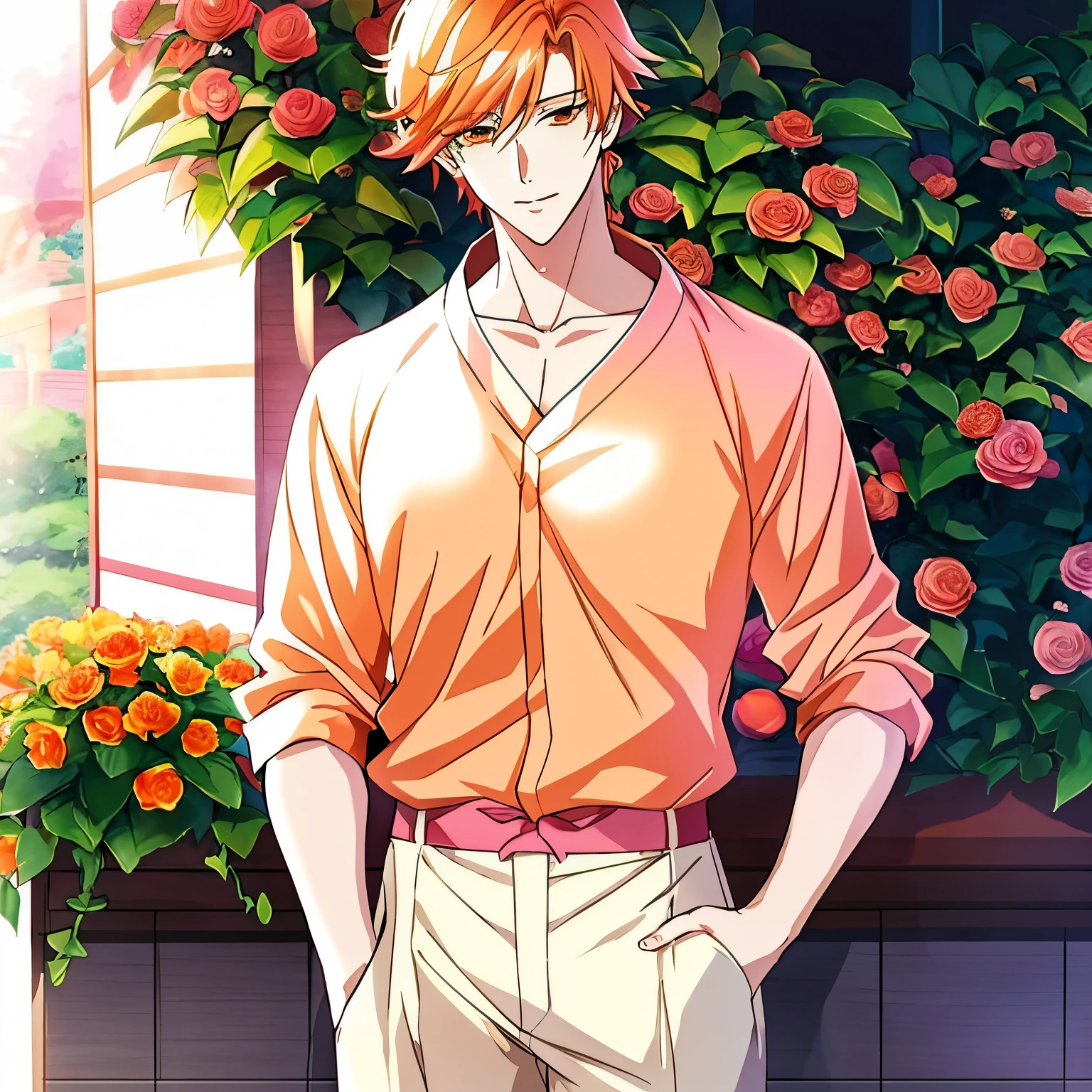 An anime man in a peach shirt and peach pants stands near the flowers, handsome anime pose, delicate androgynous prince, a handsome, stunning, Realistic, Orange haired anime boy, smooth anime cg art, inspired by Bian Shoumin, Anime handsome, realistic art style, inspired by Yeong-Hao Han, beautiful androgynous prince, anime portrait of a handsome man