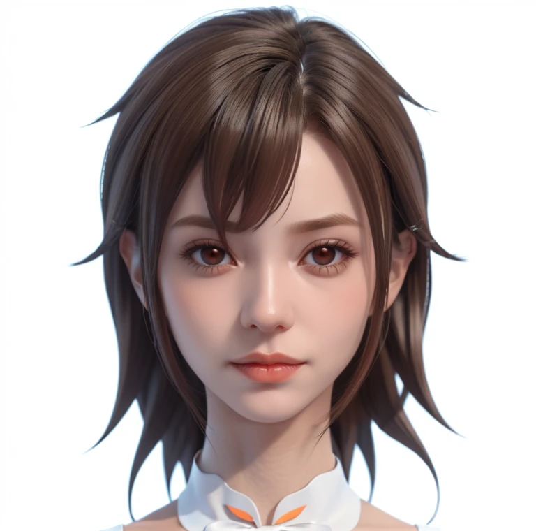 Anime girl with brown hair and orange eyes in a white shirt, Erstellt mit Anime Painter Studio, Realistischer Anime-3D-Stil, Detailliertes Anime-weiches Gesicht, Hochdetaillierter Gesichts-Anime, 3D im Anime-Stil, Halbrealistischer Anime, render of a cute 3d anime girl, Realistisches Anime-Gesicht, Portrait of an anime girl, Semirealistischer Anime-Stil, Realistic young anime girl , smil, orangefarbene Augen, Orangene Augen, Piercing in der Mitte der Unterlippe, gepierkte Unterlippe, leuchtend orange Augenfarbe, sanfter Gesichtsausdruck, silbernes piercing unter der lippe