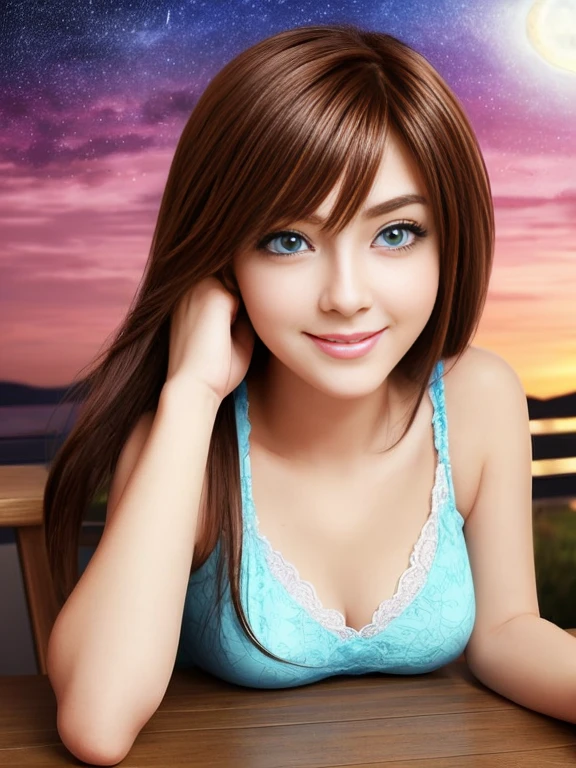 Be a girl with a pink complexion, beautiful eyes (blue eyes) and deep as the night sky, happy face lying on the table, brown hair, looking at you, with an anime/semi-realistic style of art