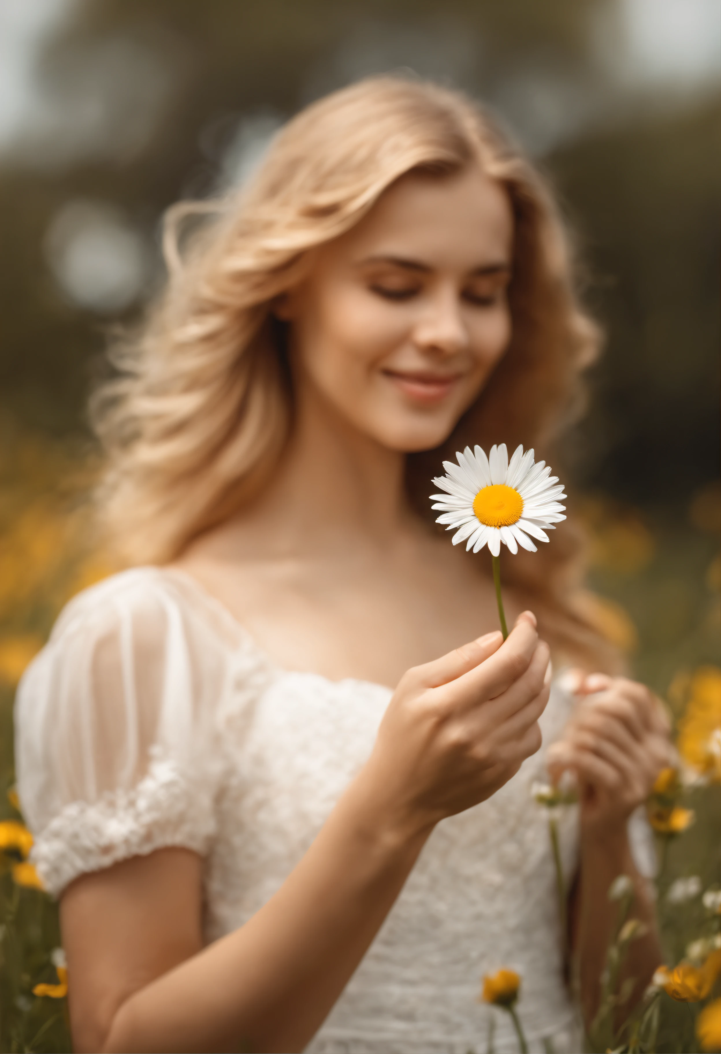 female hand with perfect fingers holds one daisy, A beautiful young girl, with her other hand she plucks one petal from this daisy, with a perfect face, Smiling, Field of daisies, RAW photo, blonde woman, hairlong, Medium-sized breasts, Hourglass-shaped case, wearing a white dress, Realistic, Masterpiece, Highest Quality, lens flare, [[chromatic aberration]],better shadow, photo realism, hyper realisitc, one girls, sexypose