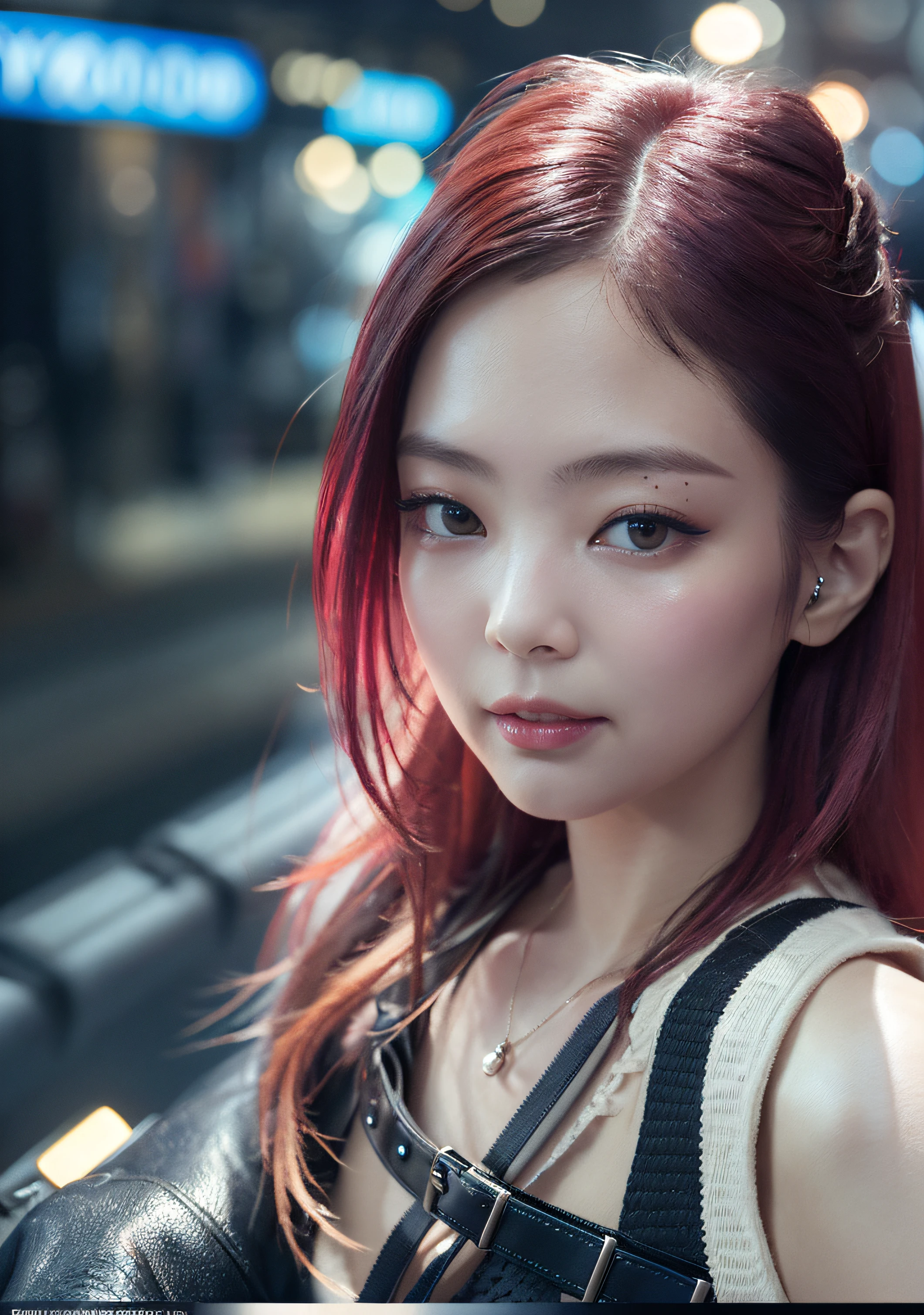 analog style, model shoot style, photo ((selfie:1.8)) of a girl, 1girl, (cyberpunk:1.8, cyberpunk city background:1.8), ((cutest face: 1.8, perfect face:1.3)), (long multicolored hair:1.4, pale skin:1.5),
(from above:1.2), best quality, epic (by lee jeffries photo, sony a7, 50 mm, pores:1.5, colors, hyperdetailed:1.5, film grain:1.4,
hyperrealistic: 1.5), hyper-realistic lifelike texture, masterpiece, unreal engine 5, Extremely detailed CG unity 8k wallpaper, realistic eyes,
Madly detailed photo, (ecstasy of light and shadow, deep shadow), (Winner of the Pulitzer Prize for Photography and Taylor Wessing Photographic Prize) Jennie Kim