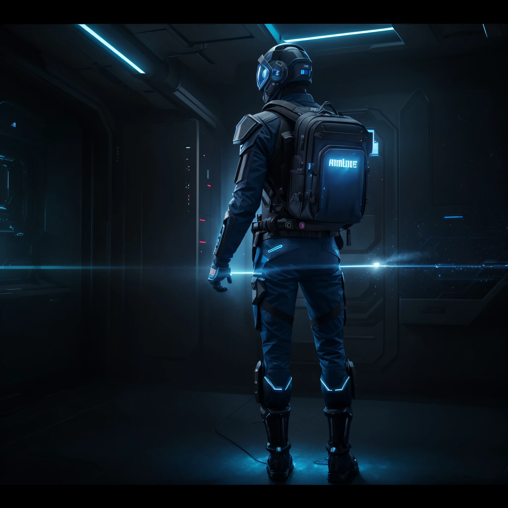 Create a comprehensive visual representation of the "Galactic Engineer", a futuristic space warrior incorporating advanced technology. The main armor must feature a modular design with dark blue tones and holographic details simulating interconnected circuits, conveying a futuristic aesthetic and advanced functionality. Include a custom level 3 backpack with holographic elements, neon blue borders and buckles, and modular compartments for tech gear. The AKM weapon must have a metallic blue coating with neon details, integrating holograms of galactic symbols and an ergonomic grip with ammunition indicator lights. The grenades should reflect the galactic theme, with the explosion grenade featuring a dark blue outer covering and flashing lights before exploding, while the smoke grenade has a predominant dark blue color and emits smoke with blue and violet tones. The board, used for spatial movement, must have a futuristic design with a surface that emits a soft blue glow. Propulsion details on the sides with neon lights and galactic symbols engraved on the bottom provide a cohesive aesthetic. View the Galactic Engineer from the front, back and side, ensuring all of these elements are clearly visible to create a complete, immersive image of this futuristic space warrior in all his glory.