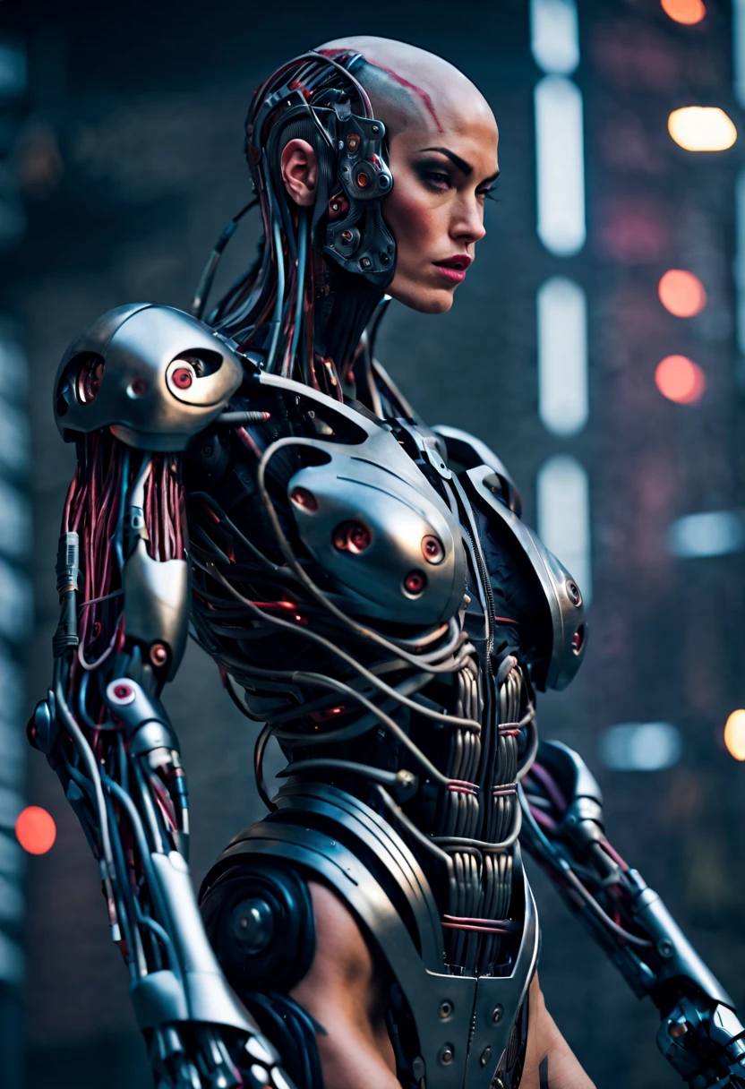 (beautiful borg queen:1.25), (full body pose), (metallic muscle armor:1.5), (no hair), (bald head covered in cables:1.5), (robotic mechanical physique:1.5), (super muscular cyborg:1.5), (covered in cables and mechanical muscles:1.5), (android muscular anatomy:1.5), (megan-fox:1.5), (perfect fingers:1.25),(8k, RAW photo, photorealistic:1.25), sci fi atmosphere, futuristic dystopia, alien landscape,