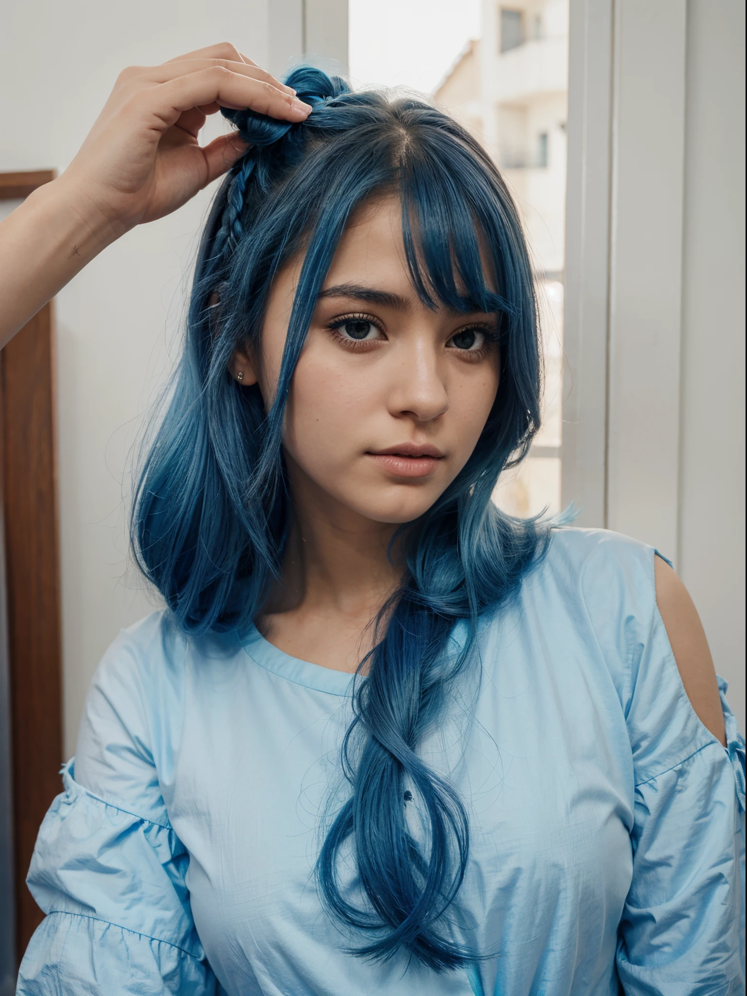 Uma princesa com cabelo azul lutando contra o rei da lua e a filha aplaudindo