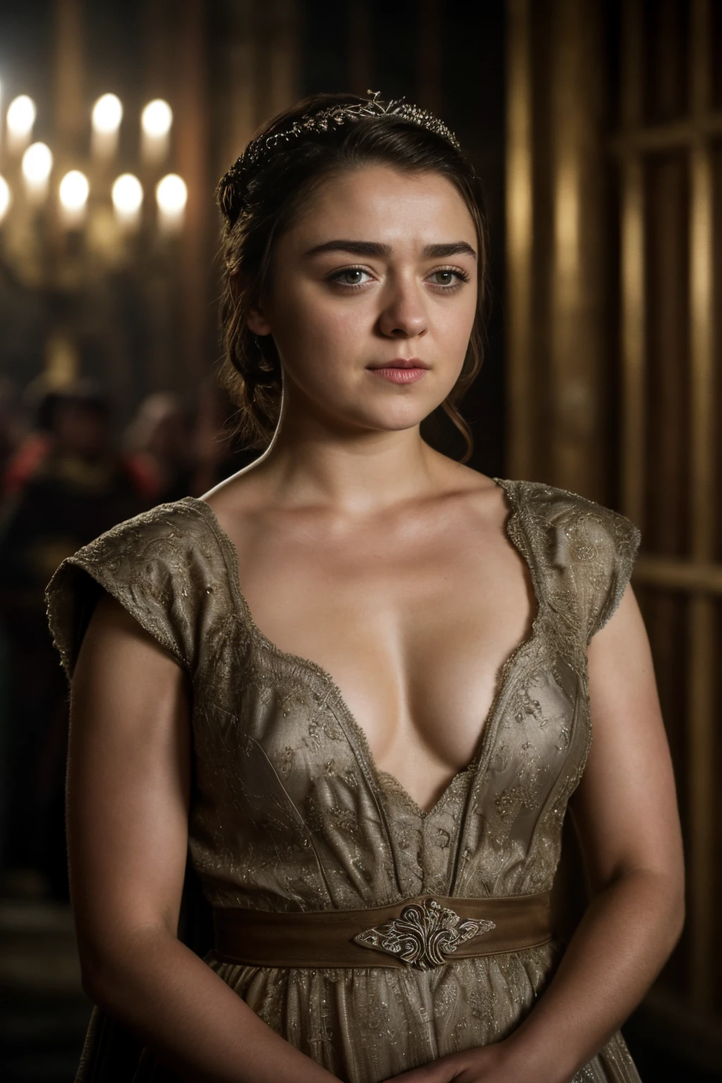 Foto RAW, Arya Stark, Extremely gorgeous lady, Arya Stark PLAYED BY MAISIE WILLIAMS, Queen Arya Stark, she  a mature woman now, milf, sexy mediaeval battle dress, gladiator woman, body, 40 years old Woman, a black mole on her breast added extra charm to her, body revealing costumes, perky breast, big natural breast, erotic costumes, lusty physique, seductive figure can capture every people's attention, Game of thrones costumes, revealing captivating figure, Mediaeval costumes, revealing clothes, A tomboy, she would rather fence than dance, warrior queen , game of thrones screen caps, Game of Thrones Series, (pele altamente detalhada: 1.2), 8k UHD, DSLR, soft-lighting, alta qualidade, grain of film, Fujifilm XT3, flawless picture, highly detailed, detailed Beauty, intricate, 32k, sharp picture,