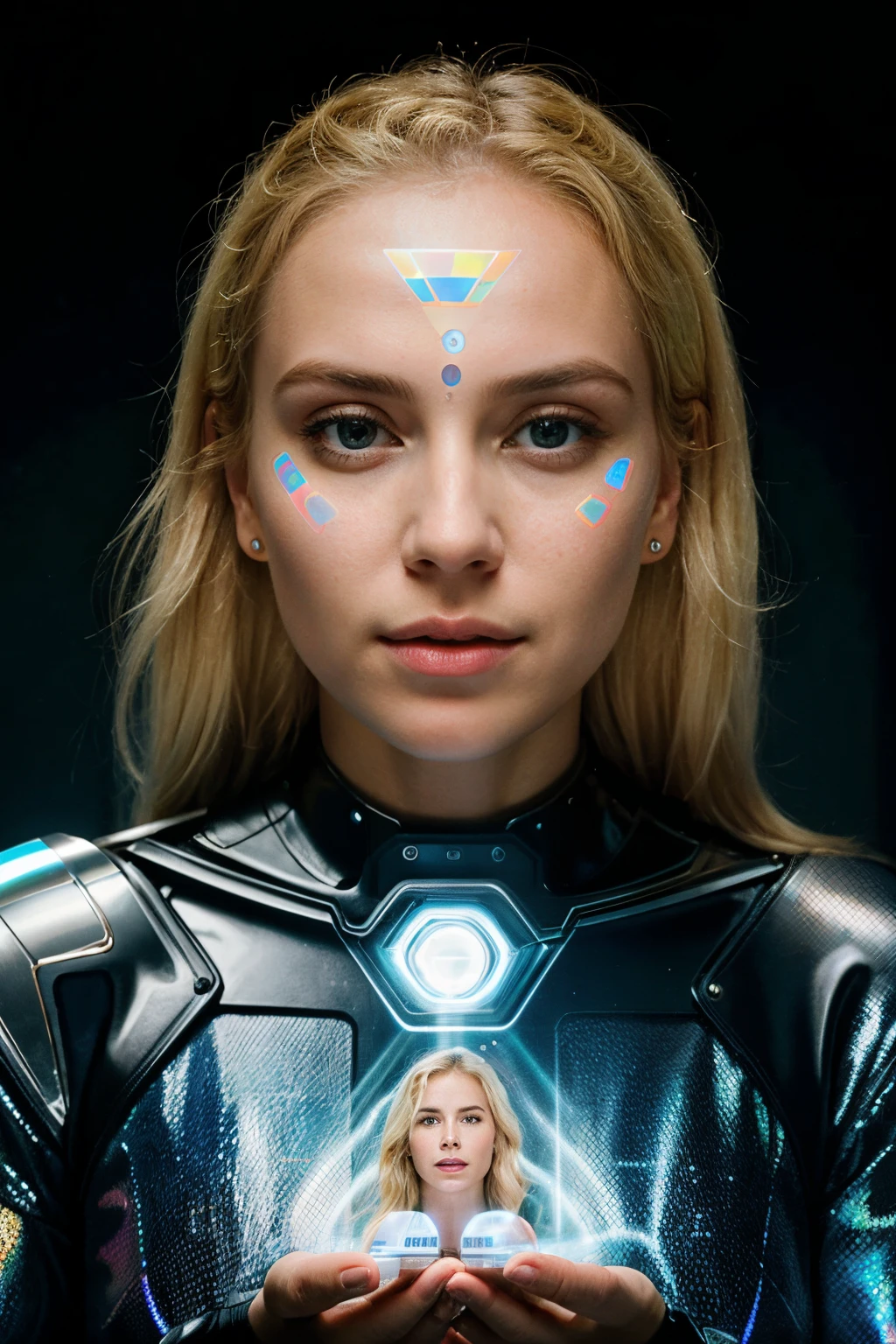 “Imagine an image of a blonde woman with a futuristic face unlock device in her hands. Ao escanear seu rosto, she is surprised by a holographic projection that reveals her true identity and unique abilities. Describe this scene and how her facial expression reflects the discovery of her true essence.”