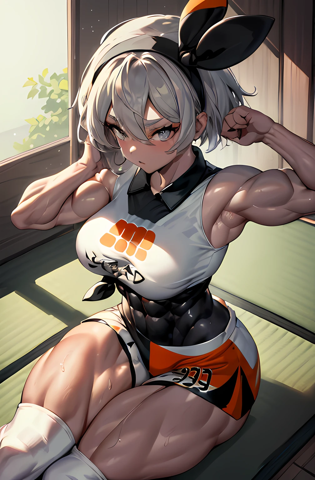 (masterpiece,best quality, detailed), 1girl, solo, indoors, dojo, tatami, from above, fighting stance, clenched hands, looking at viewer, closed mouth, legs apart, fisheye lens, depth of field, feet out of frame, bea \(pokemon\), bow hairband, tied shirt, print shirt, black bodysuit, bodysuit under clothes, single glove, print shorts, knee pads,  she confidently flexes her muscles, radiating power and determination. Her physique  truly remarkable, featuring bulging muscles that ripple with power. Her arms are adorned with immense biceps and sculpted triceps, each muscle fiber defined and purposeful. Her chiseled six-pack abs proudly showcase her dedication to physical fitness,